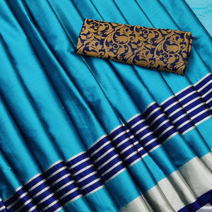 Lovely Ferozi Coloured Casual Wear Zari Border Cotton Saree