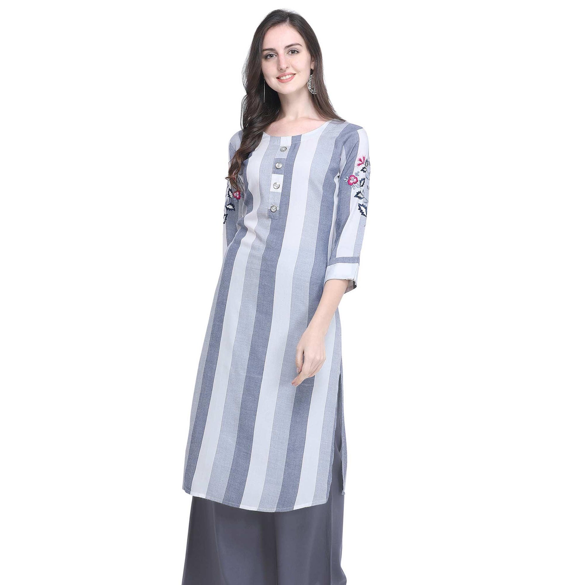 Lovely Gray Colored Casual Embroidered Rayon Kurti