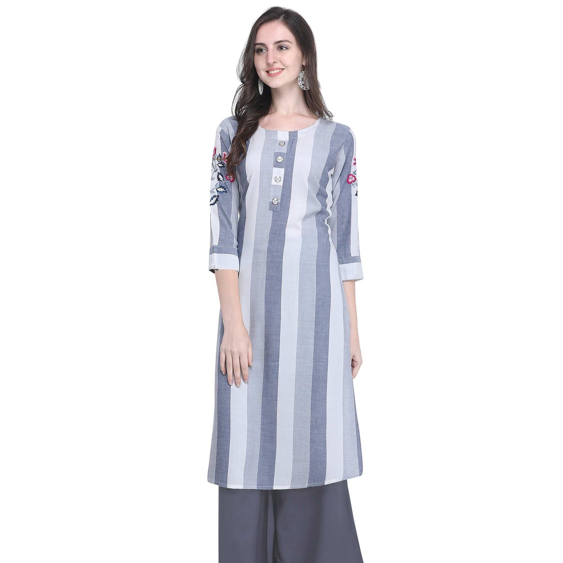 Lovely Gray Colored Casual Embroidered Rayon Kurti