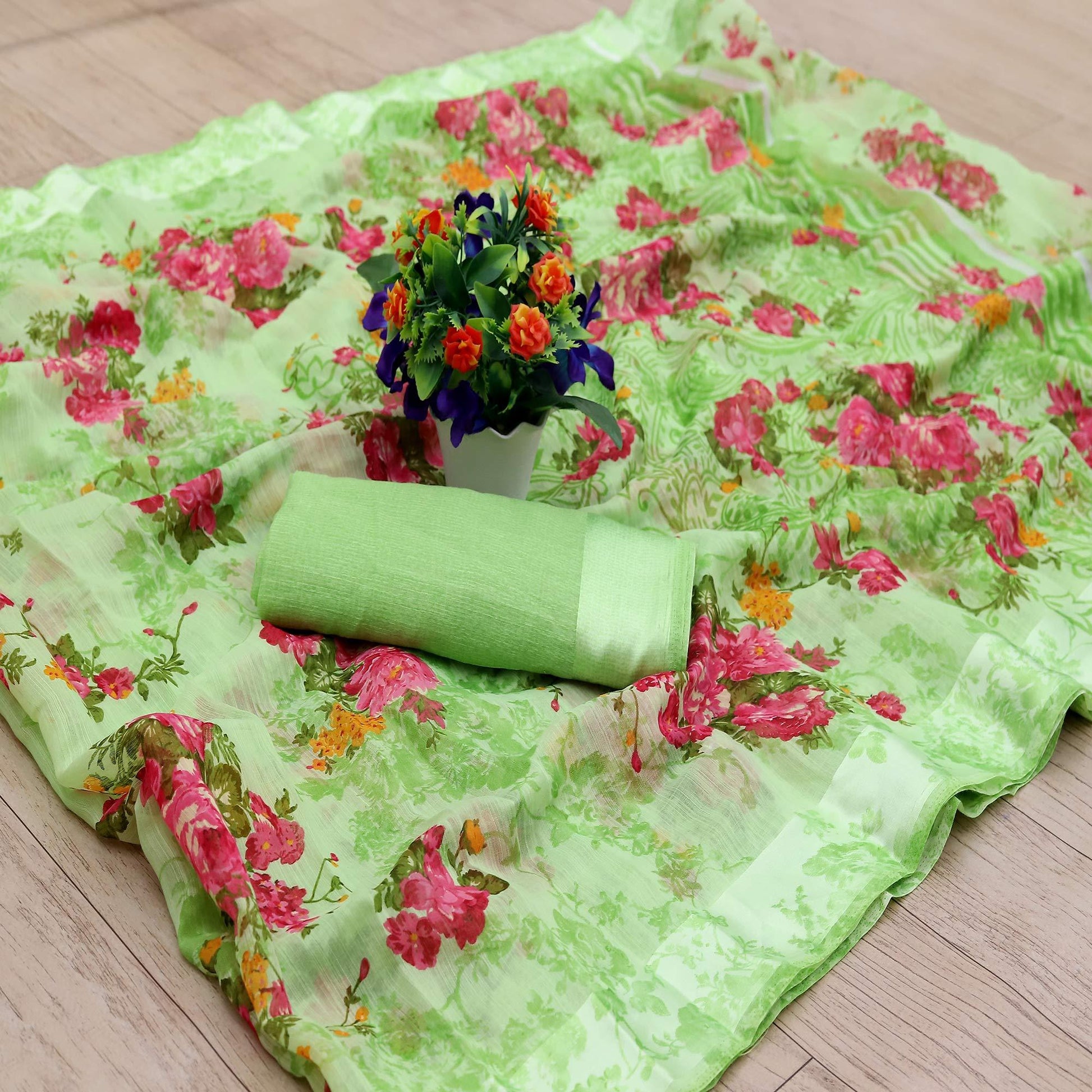 Lovely Green Colored Casual Wear Floral Printed Cotton Blend Saree