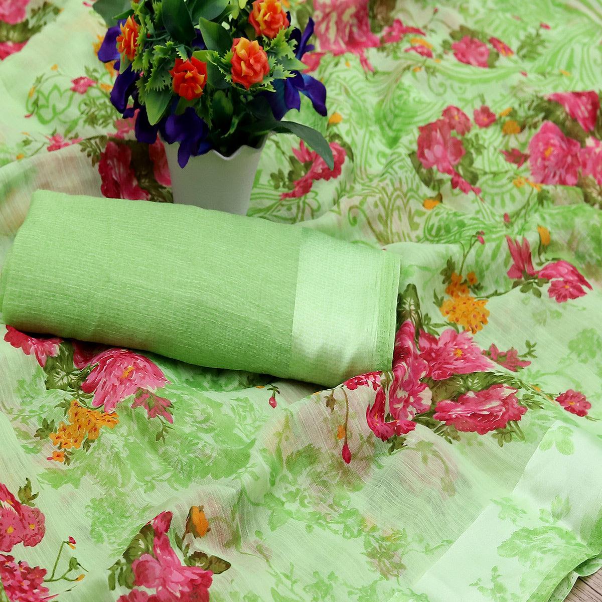 Lovely Green Colored Casual Wear Floral Printed Cotton Blend Saree