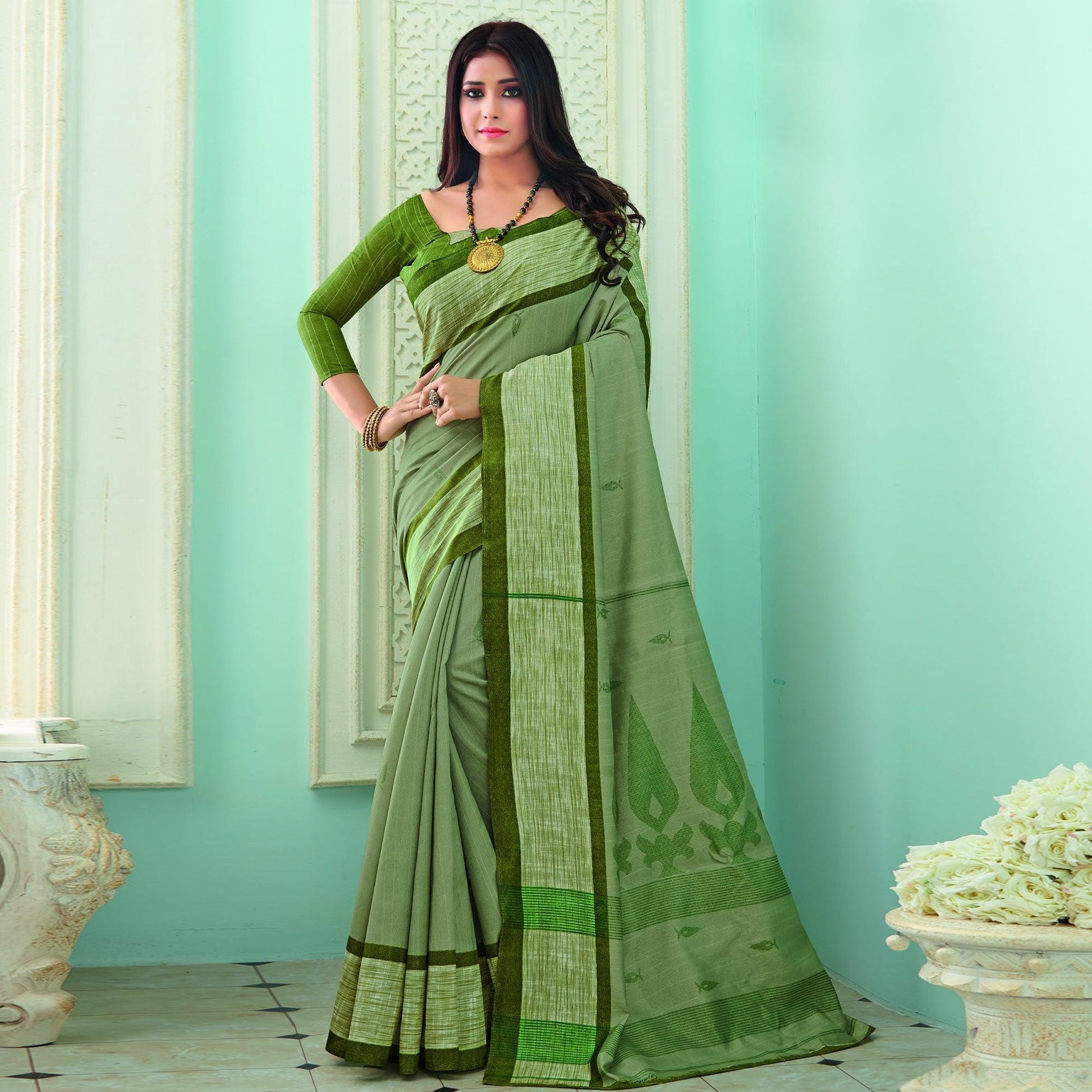 Lovely Green Colored Casual Wear Printed Bhagalpuri Saree