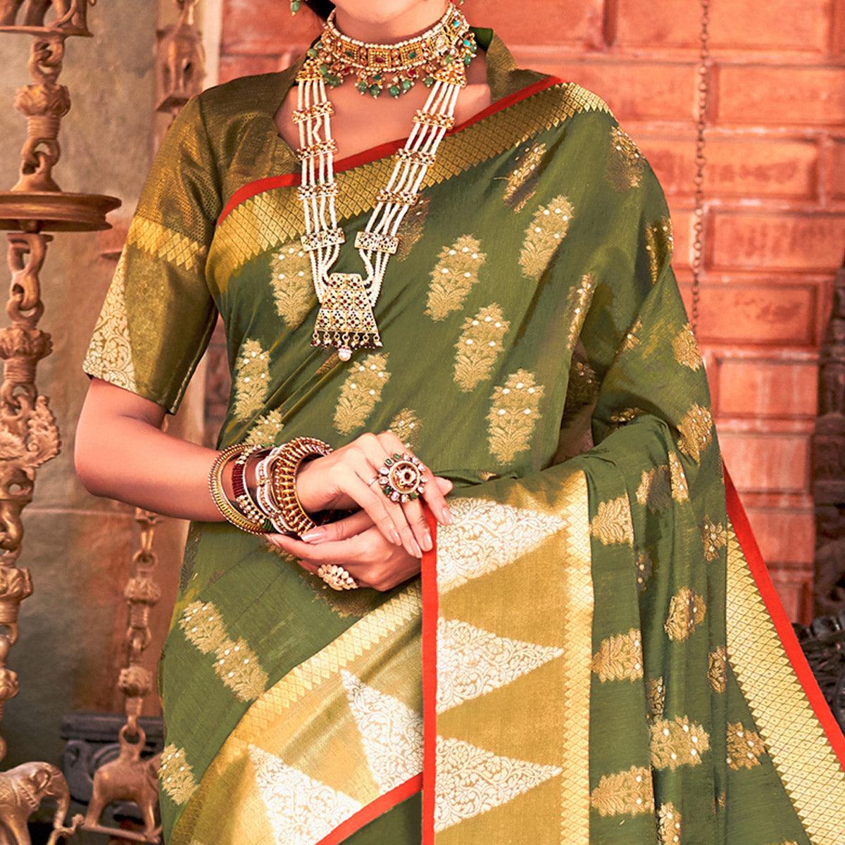 Lovely Green Colored Festive Wear Woven Cotton Handloom Saree