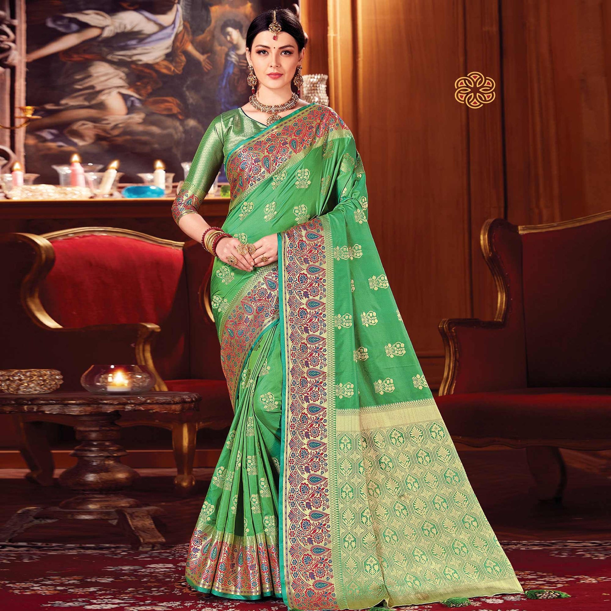 Lovely Green Colored Festive Wear Woven Silk Saree