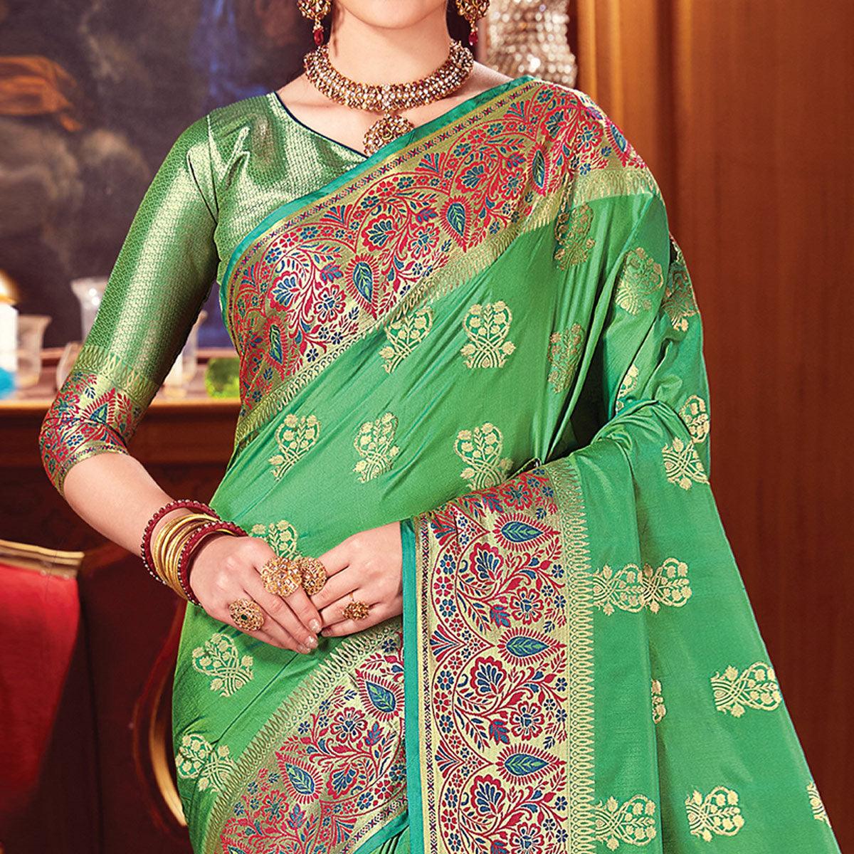 Lovely Green Colored Festive Wear Woven Silk Saree