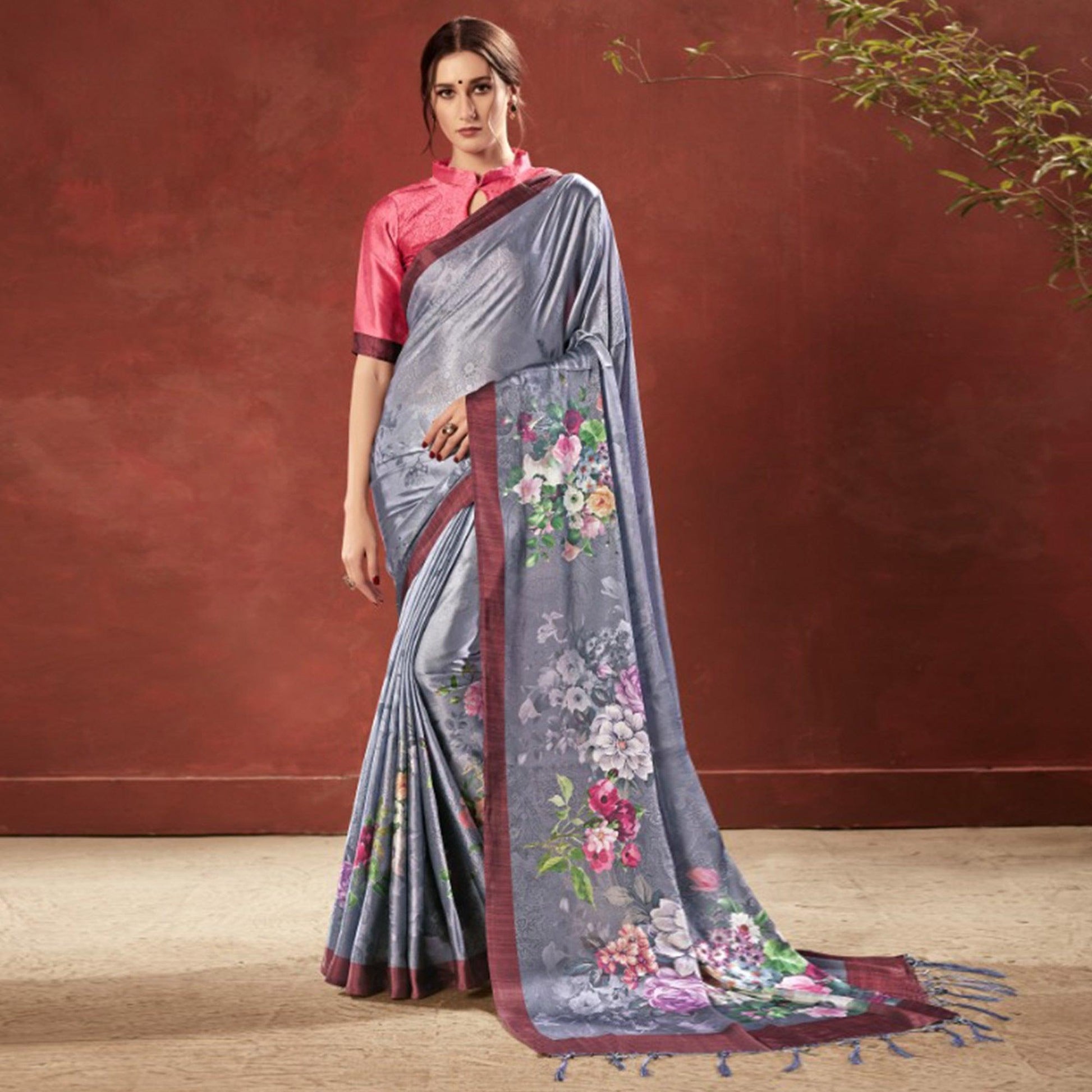 Lovely Grey Colored Casual Wear Printed Satin Crepe Saree With Tassels