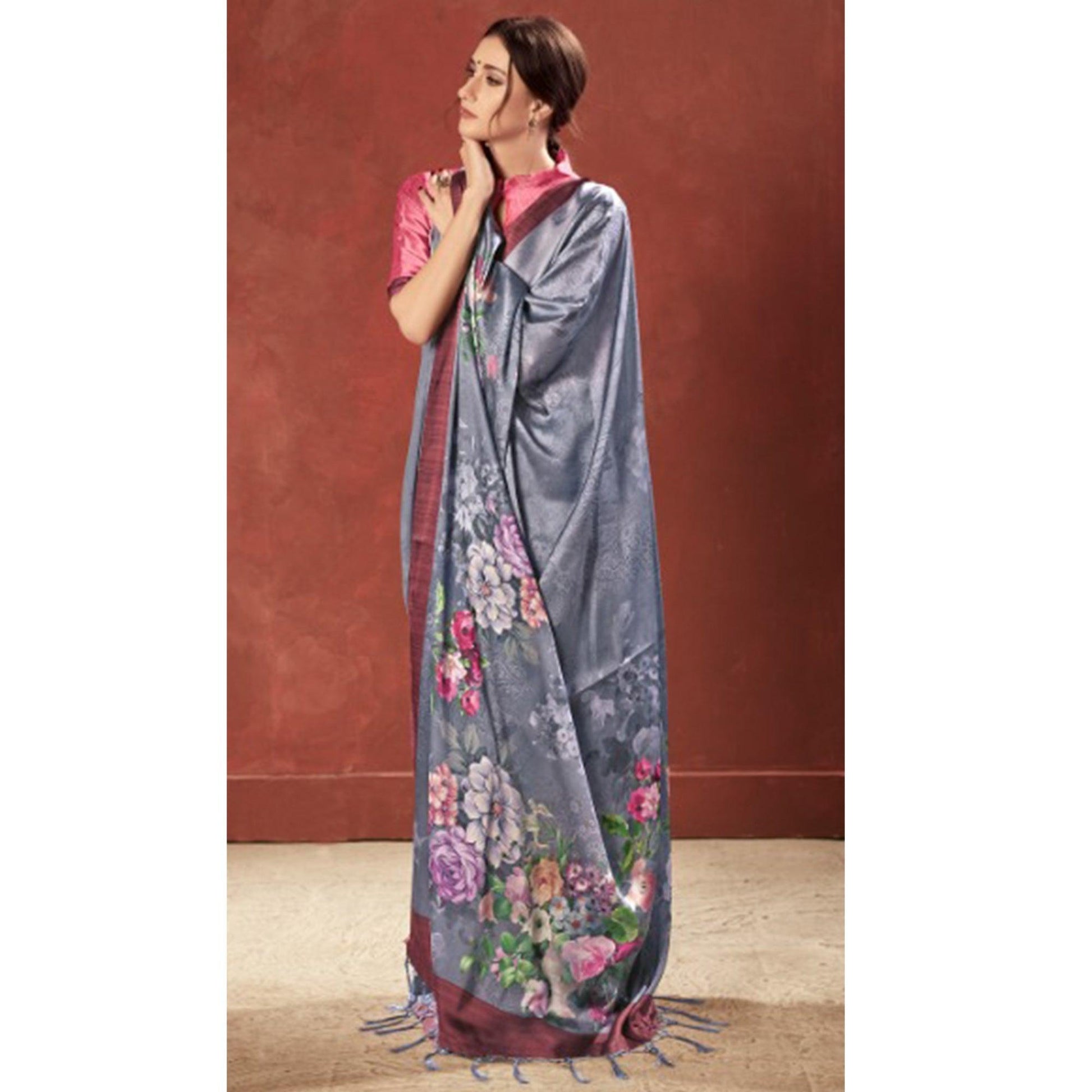 Lovely Grey Colored Casual Wear Printed Satin Crepe Saree With Tassels