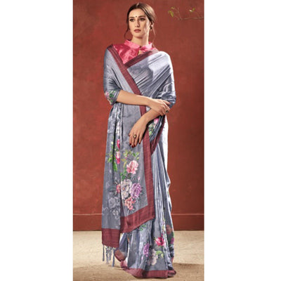 Lovely Grey Colored Casual Wear Printed Satin Crepe Saree With Tassels