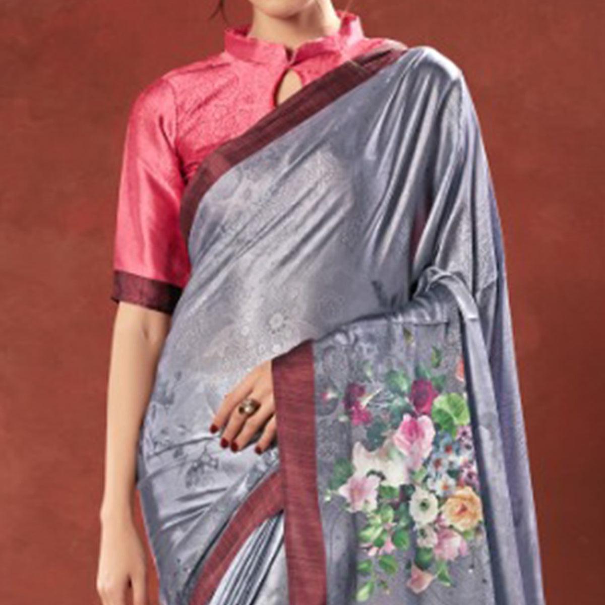 Lovely Grey Colored Casual Wear Printed Satin Crepe Saree With Tassels