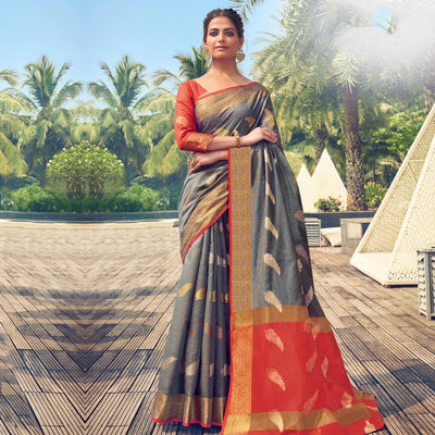 Lovely Grey Colored Festive Wear Woven Cotton Handloom Saree