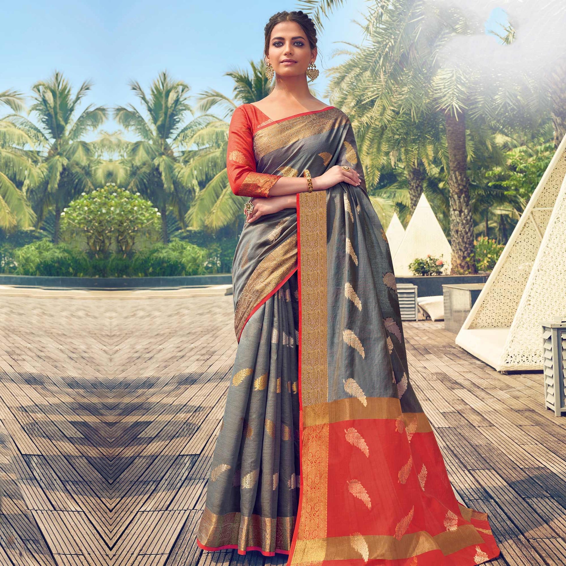 Lovely Grey Colored Festive Wear Woven Cotton Handloom Saree