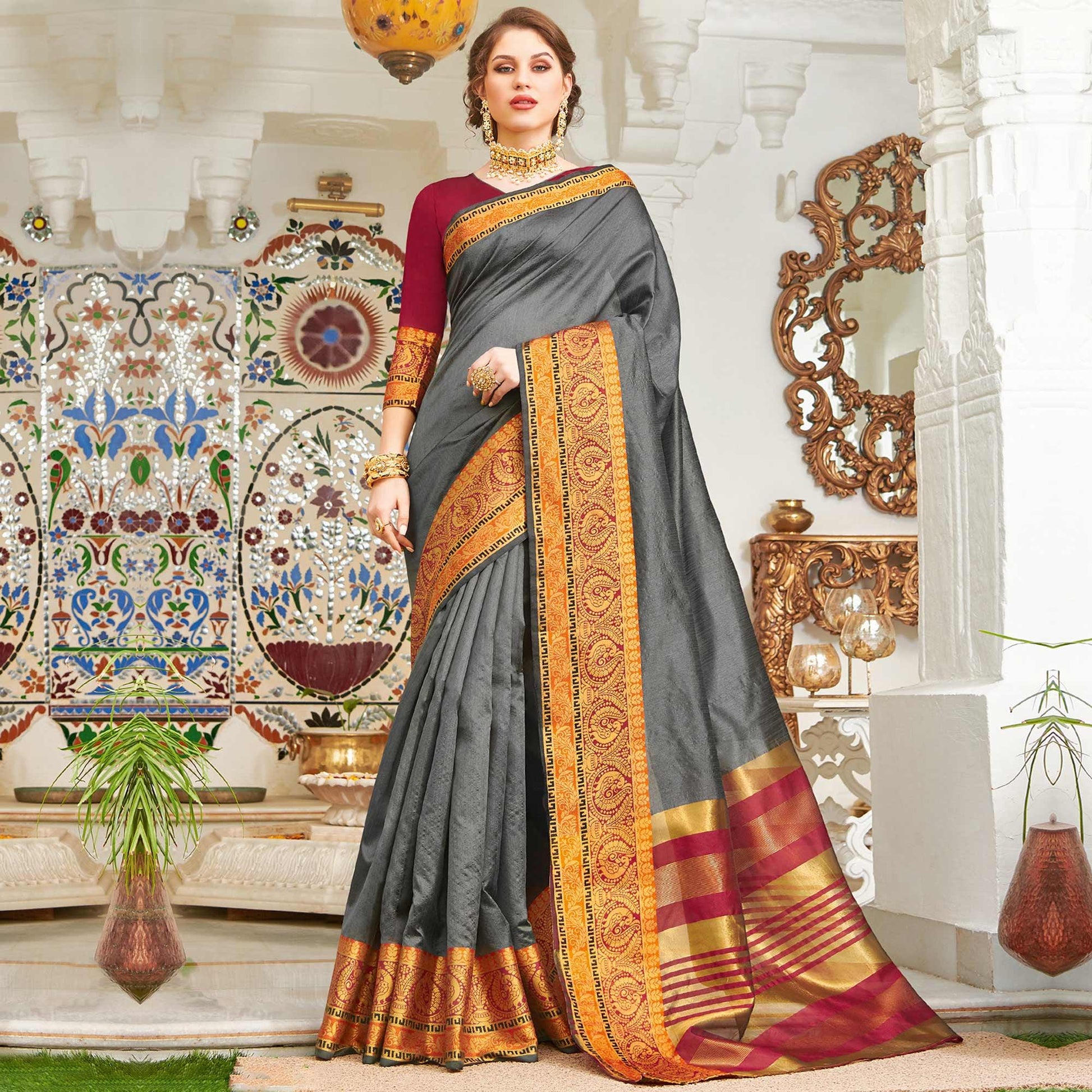 Lovely Grey Colored Festive Wear Woven Handloom Silk Saree
