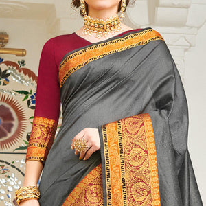 Lovely Grey Colored Festive Wear Woven Handloom Silk Saree