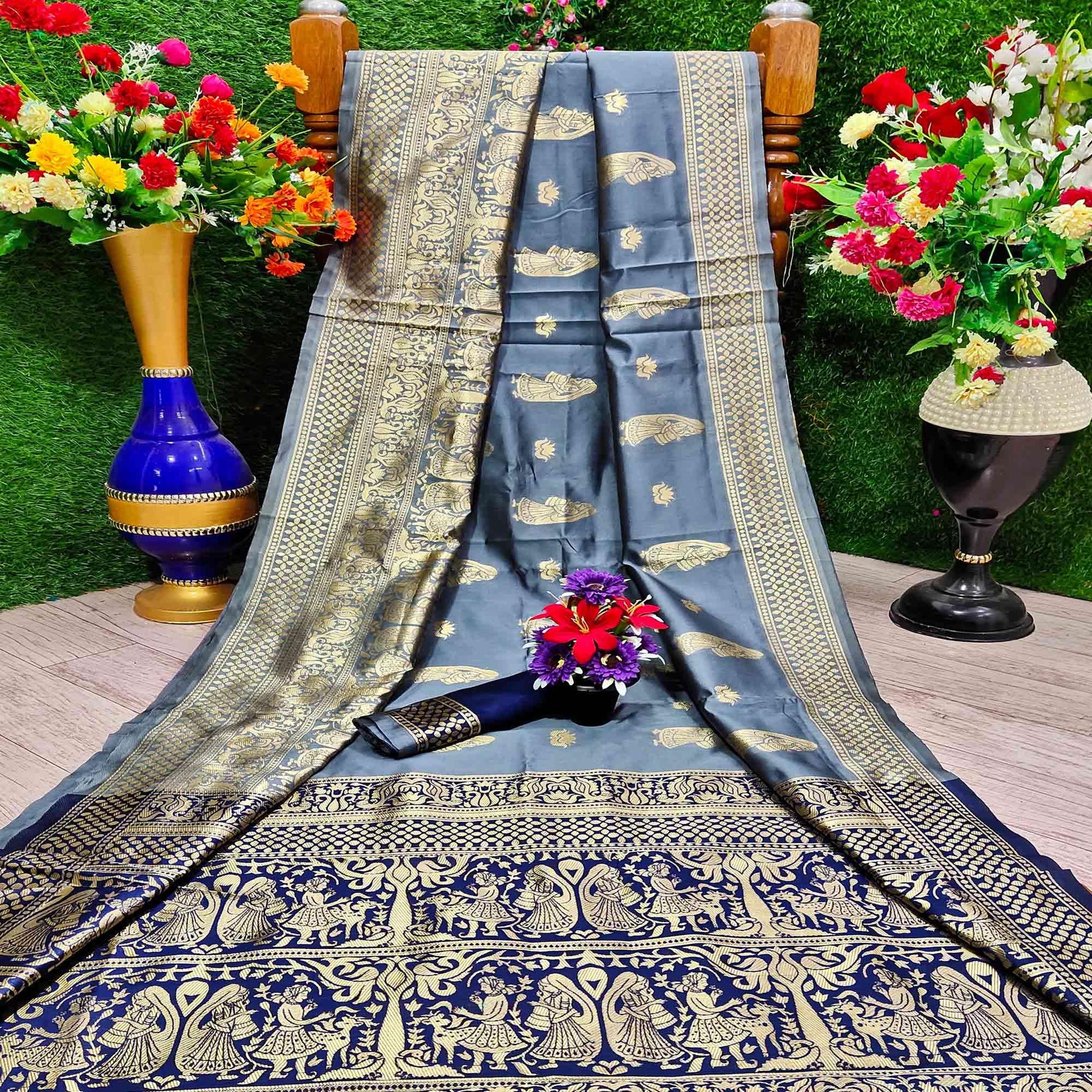 Lovely Grey Colored Festive Wear Woven Heavy Art Silk Saree