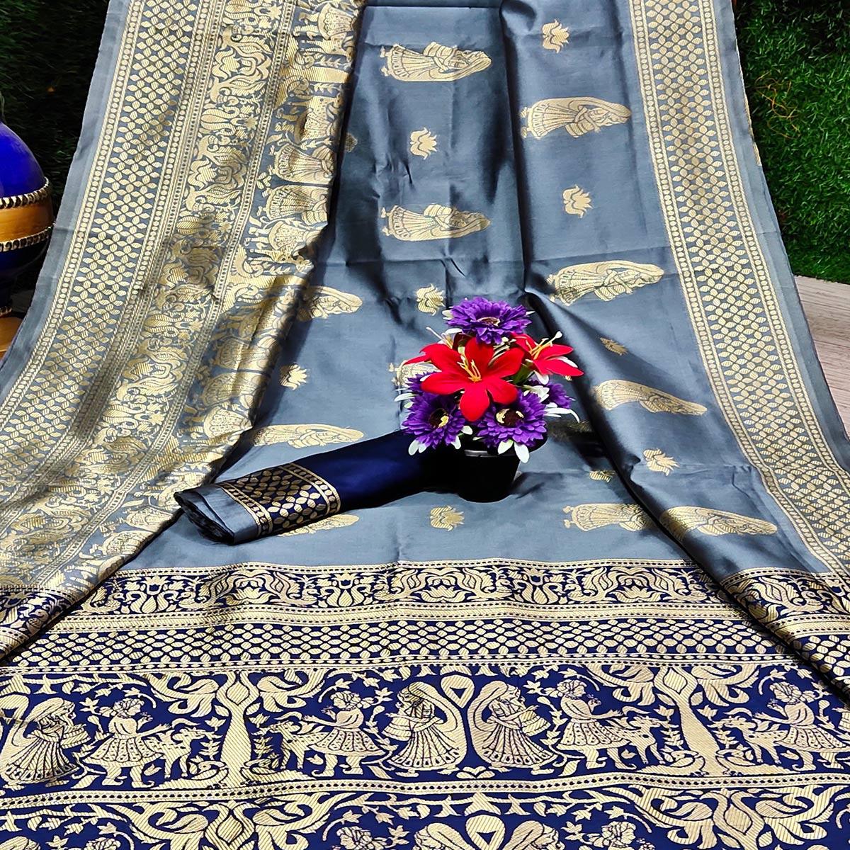Lovely Grey Colored Festive Wear Woven Heavy Art Silk Saree