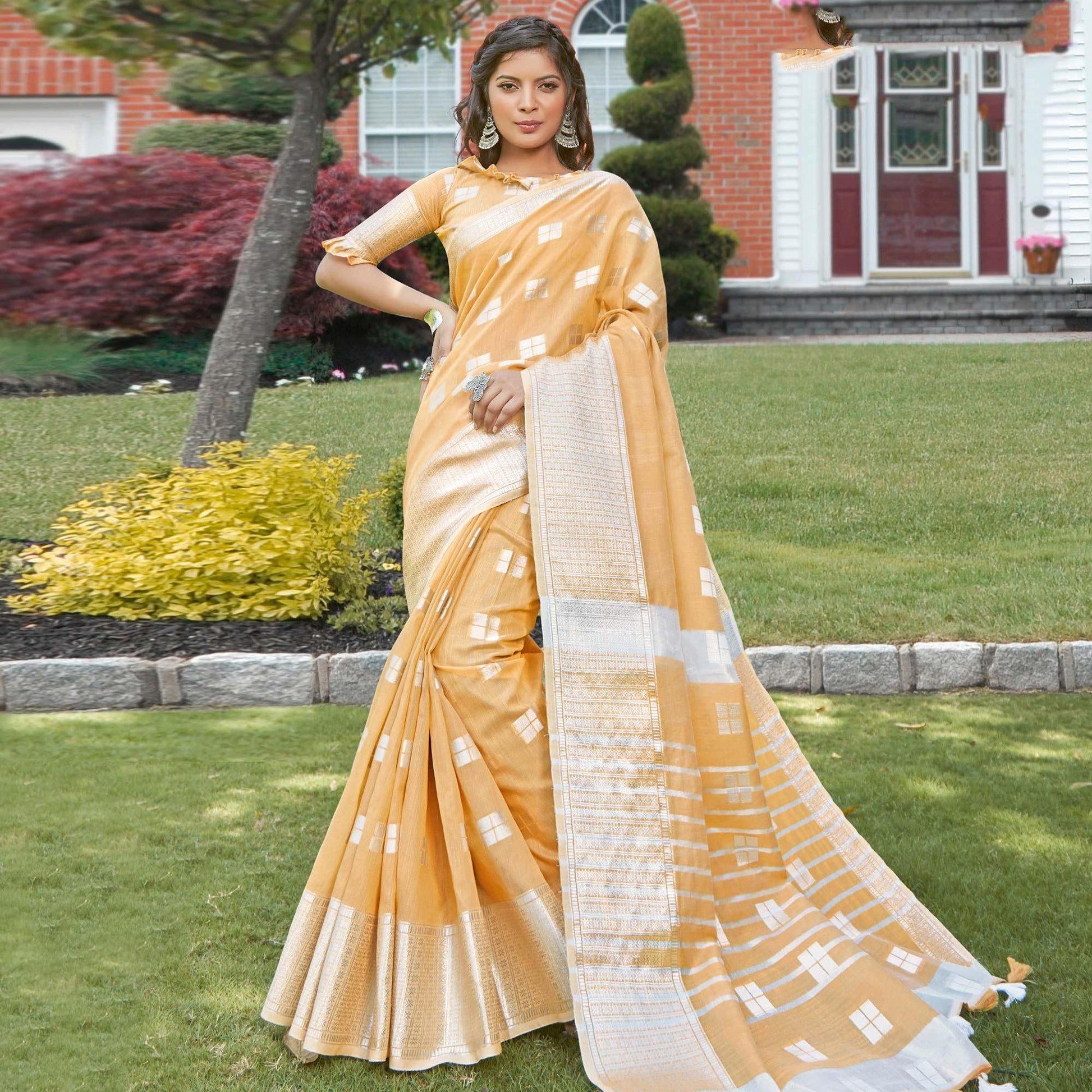 Lovely Light Orange Colored Festive Wear Woven Linen Cotton Sareee