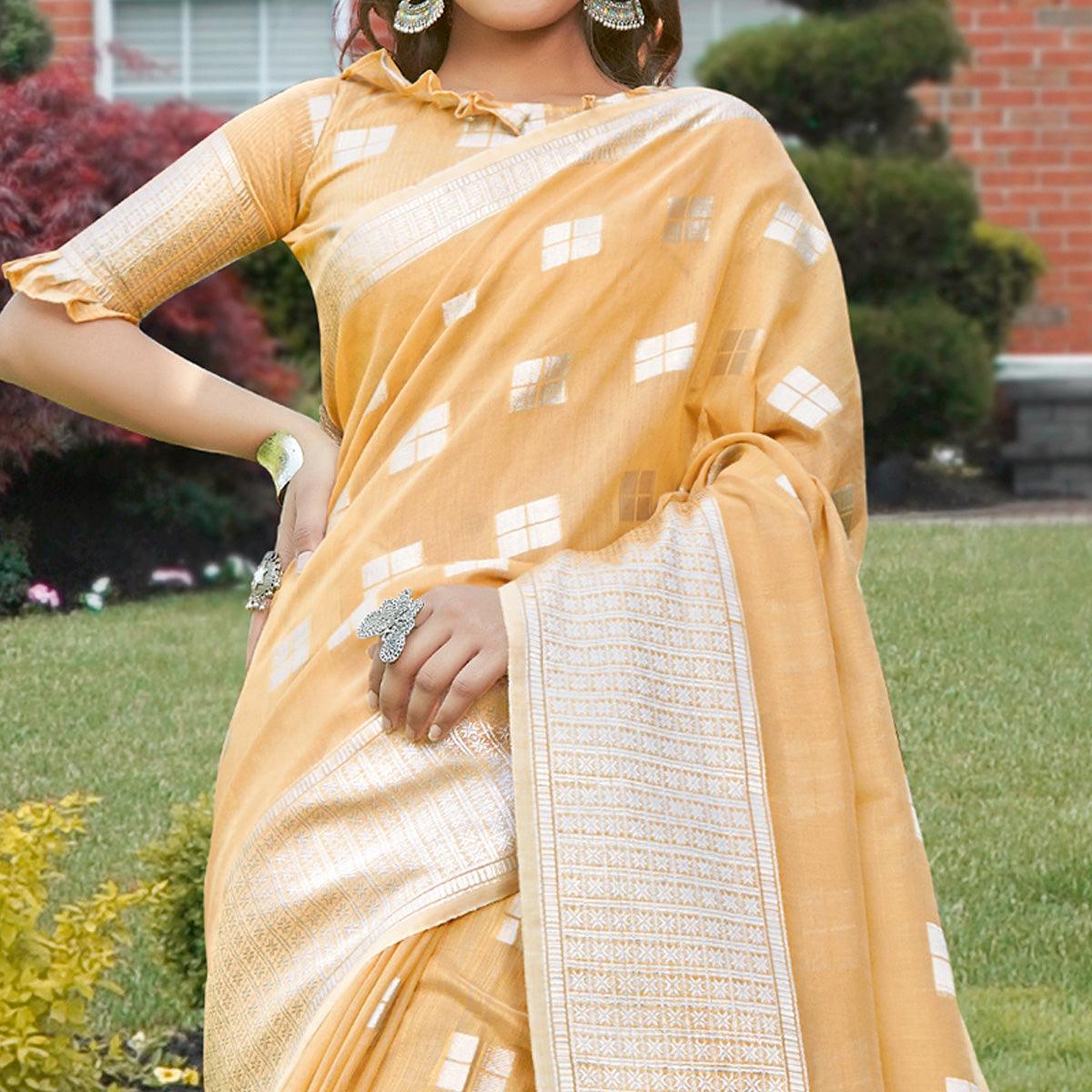 Lovely Light Orange Colored Festive Wear Woven Linen Cotton Sareee