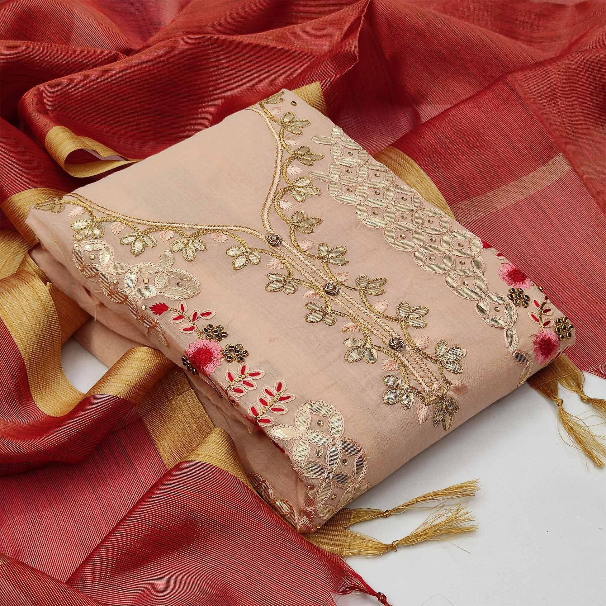 Lovely Light Peach Colored Casual Embroidered Modal Chanderi Dress Material