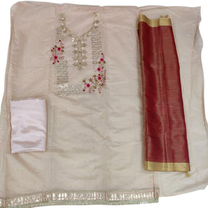 Lovely Light Peach Colored Casual Embroidered Modal Chanderi Dress Material
