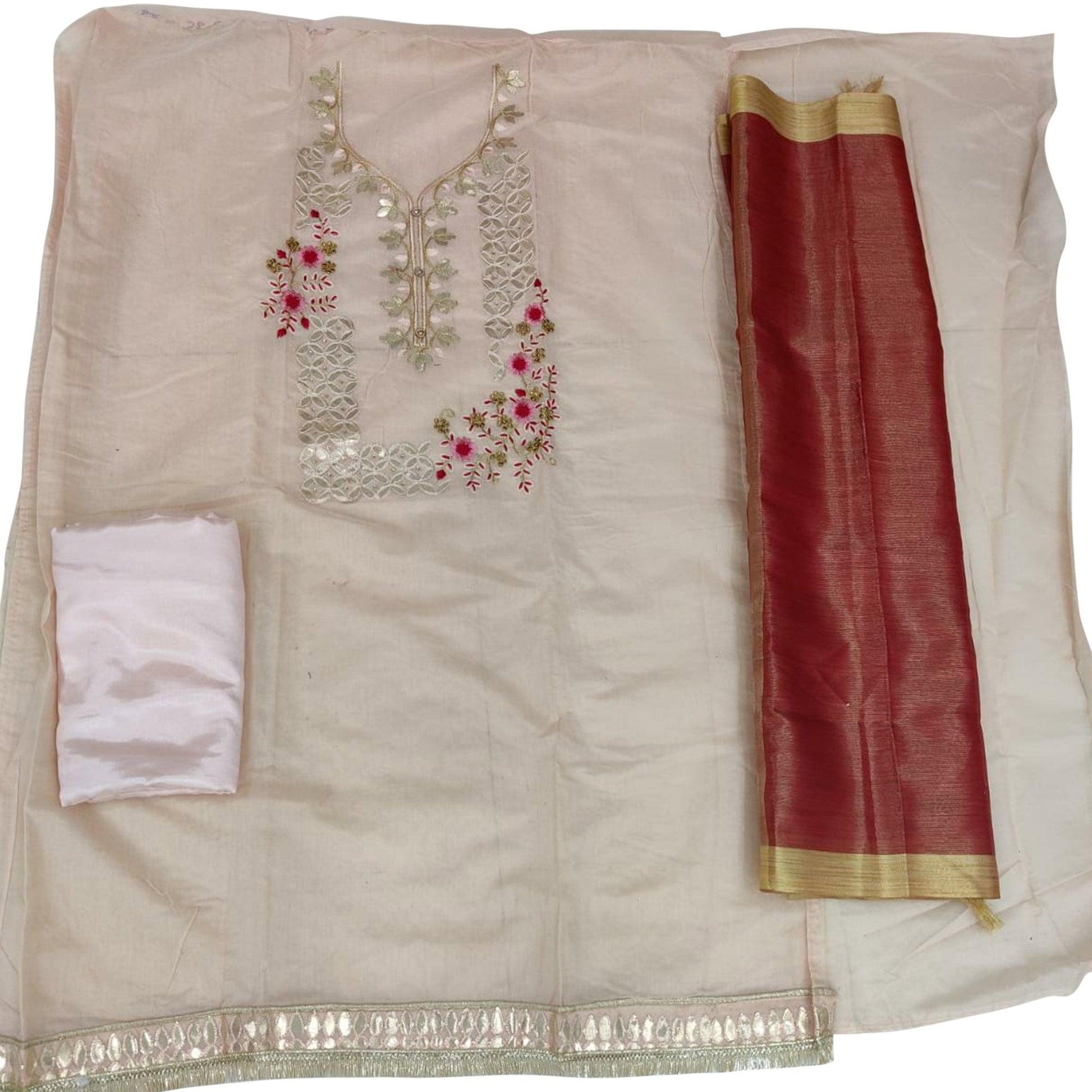 Lovely Light Peach Colored Casual Embroidered Modal Chanderi Dress Material
