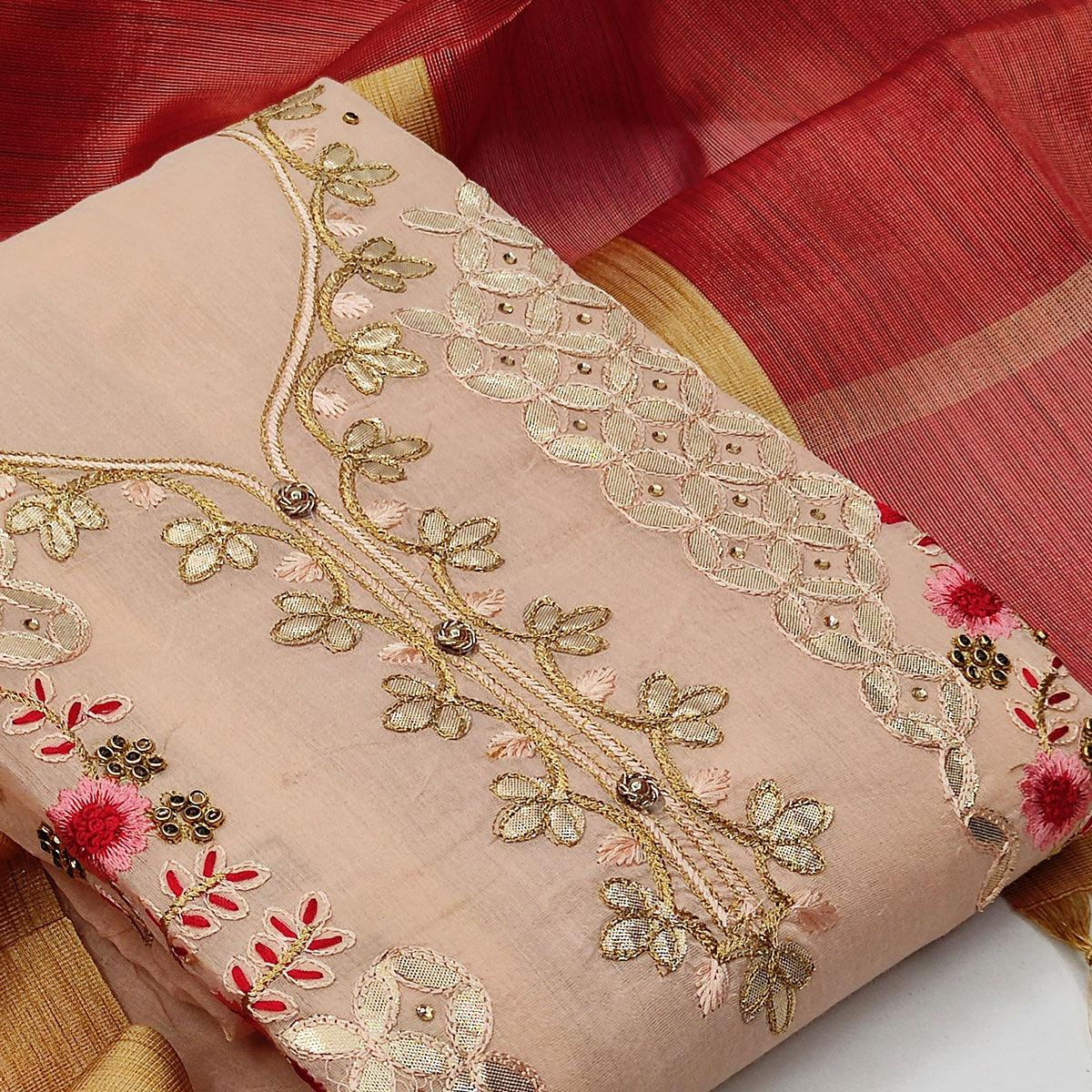 Lovely Light Peach Colored Casual Embroidered Modal Chanderi Dress Material
