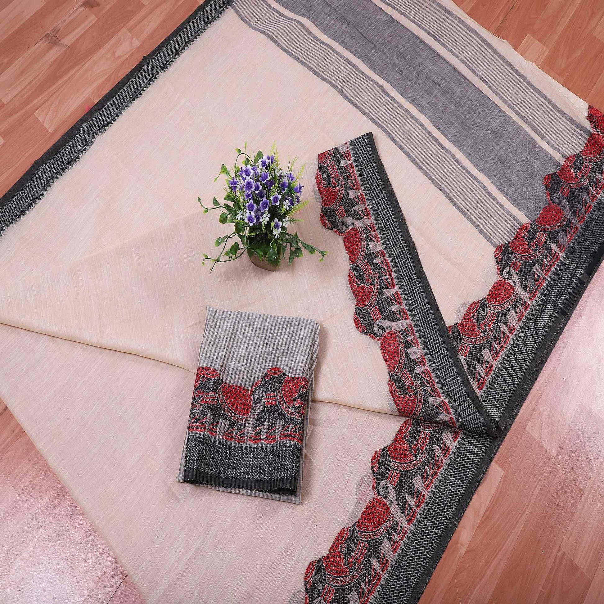 Lovely Light Peach  Colored Casual Wear Embroidered Banarasi Silk Saree