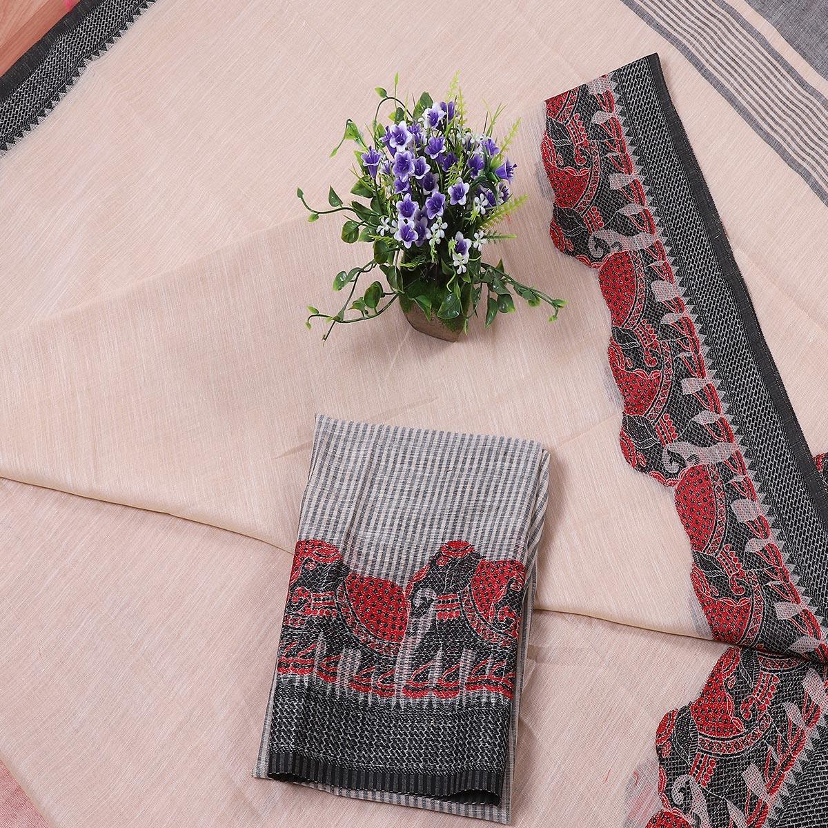 Lovely Light Peach  Colored Casual Wear Embroidered Banarasi Silk Saree