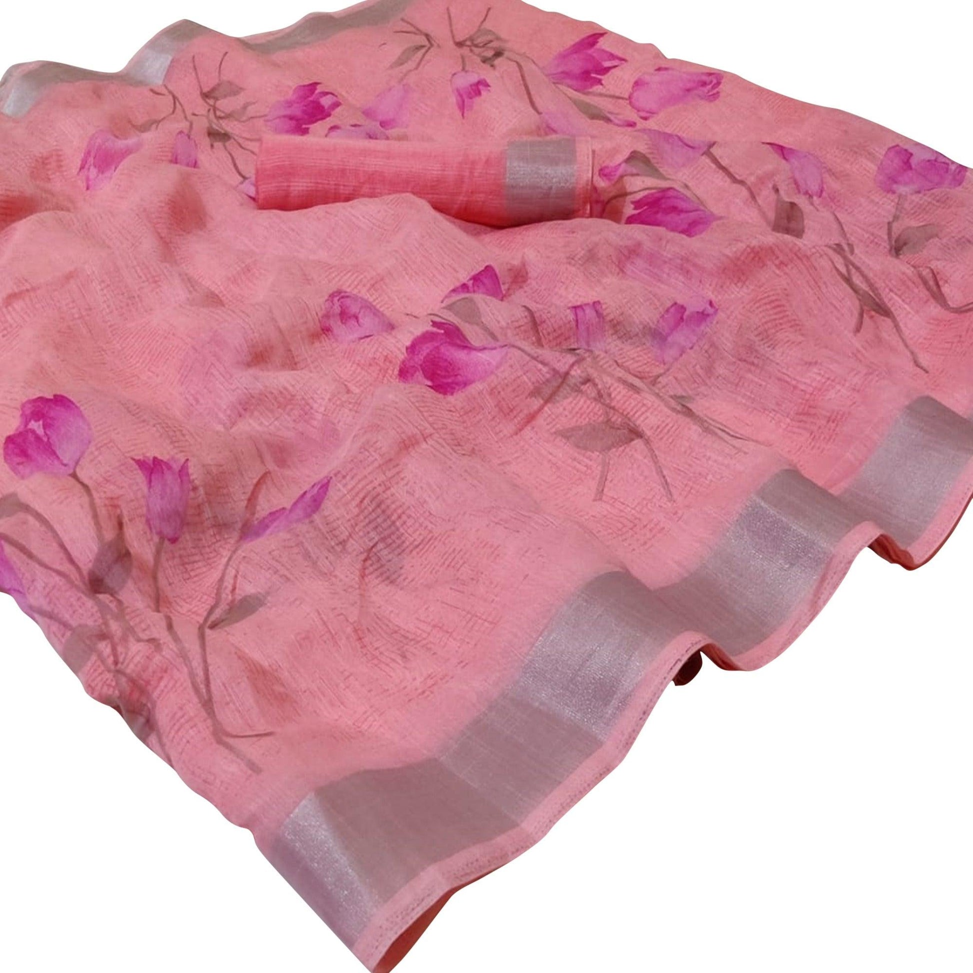 Lovely Light Pink Colored Casual Floral Printed Linen Saree