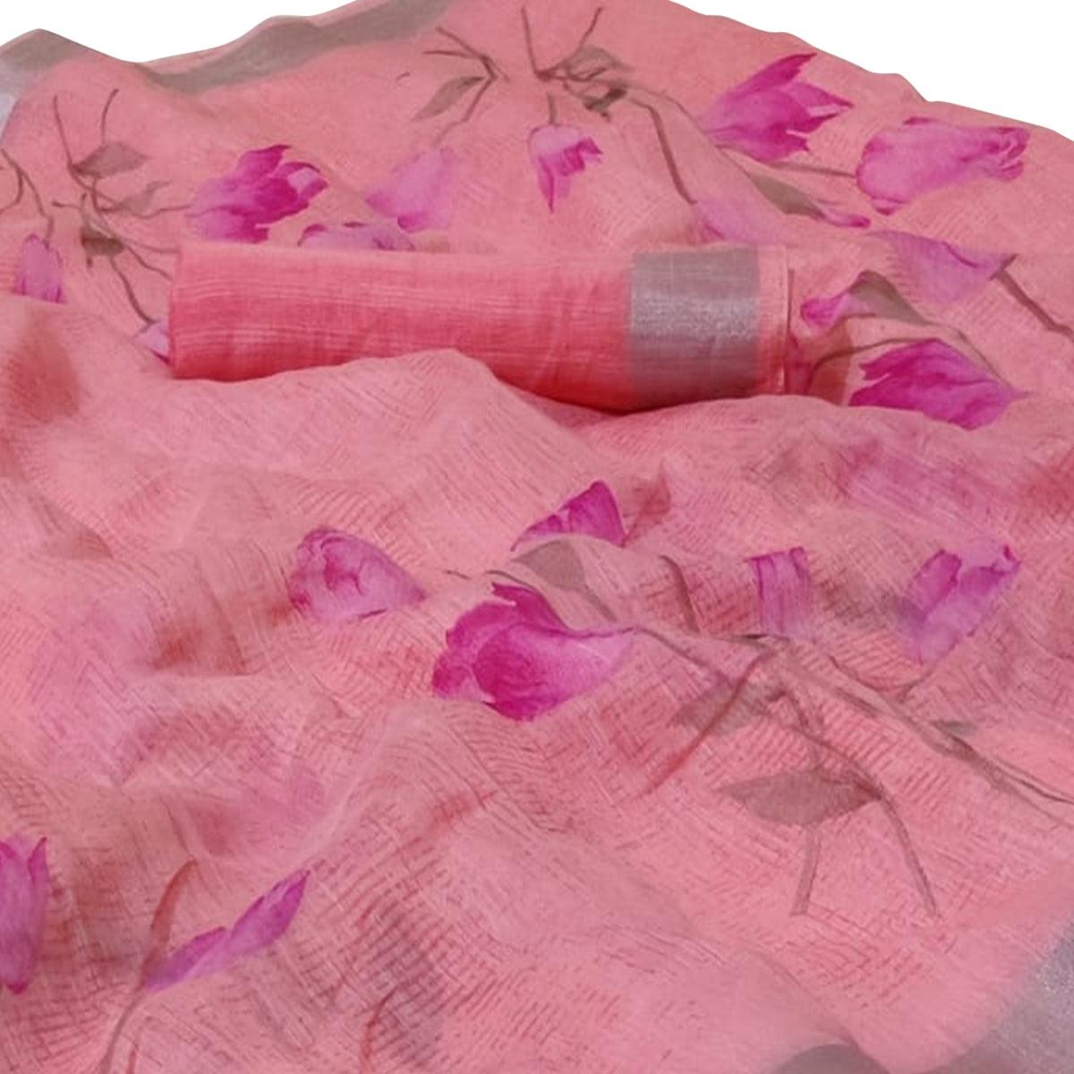 Lovely Light Pink Colored Casual Floral Printed Linen Saree