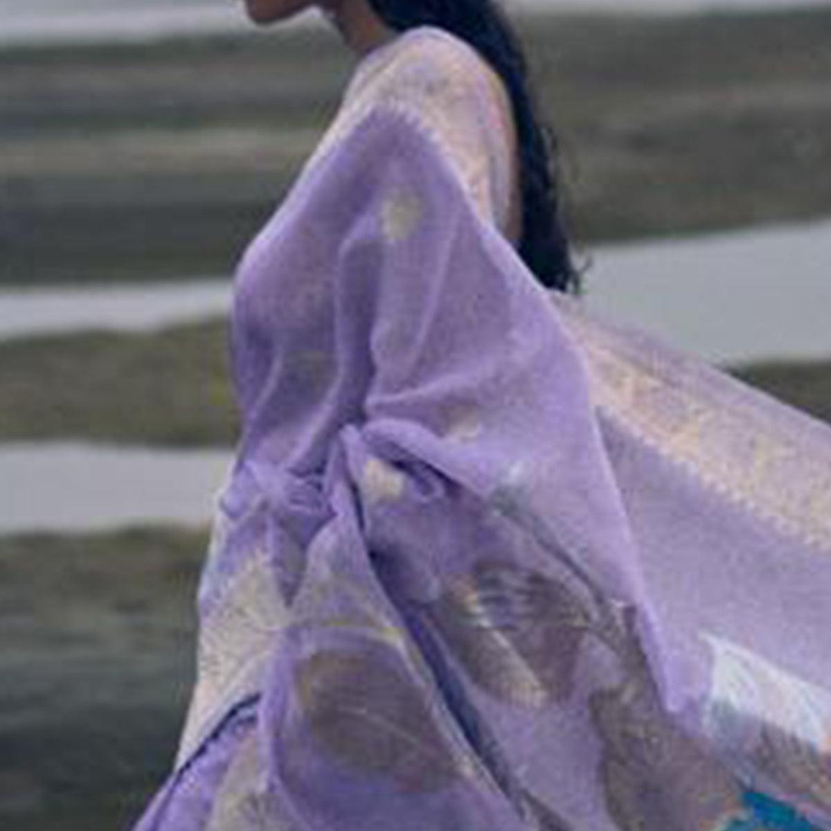Lovely Light Purple Colored Festive Wear Woven Pure Linen Silk Saree