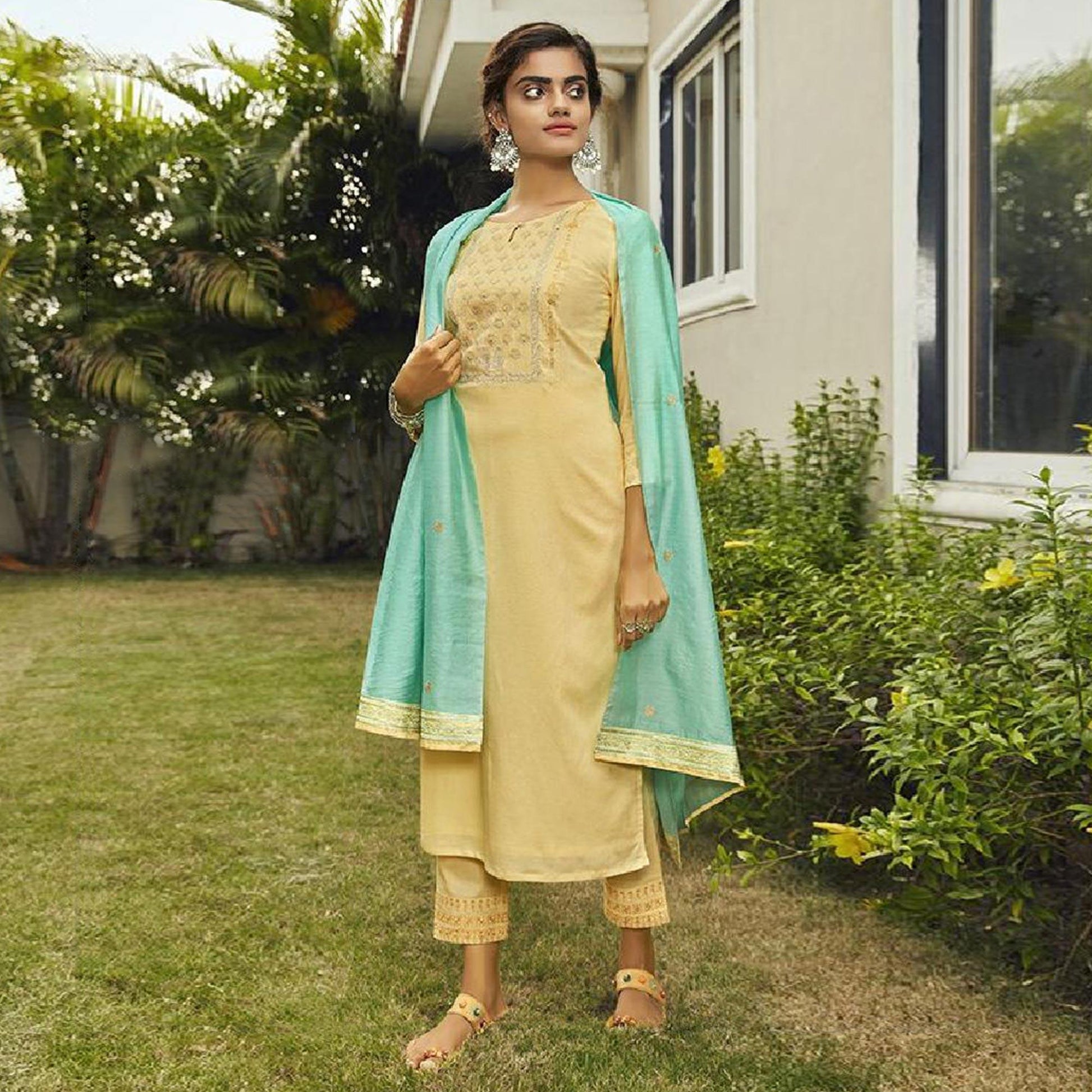 Lovely Light Yellow Colored Partywear Embroidered Rayon Kurti - Pant Set With Dupatta