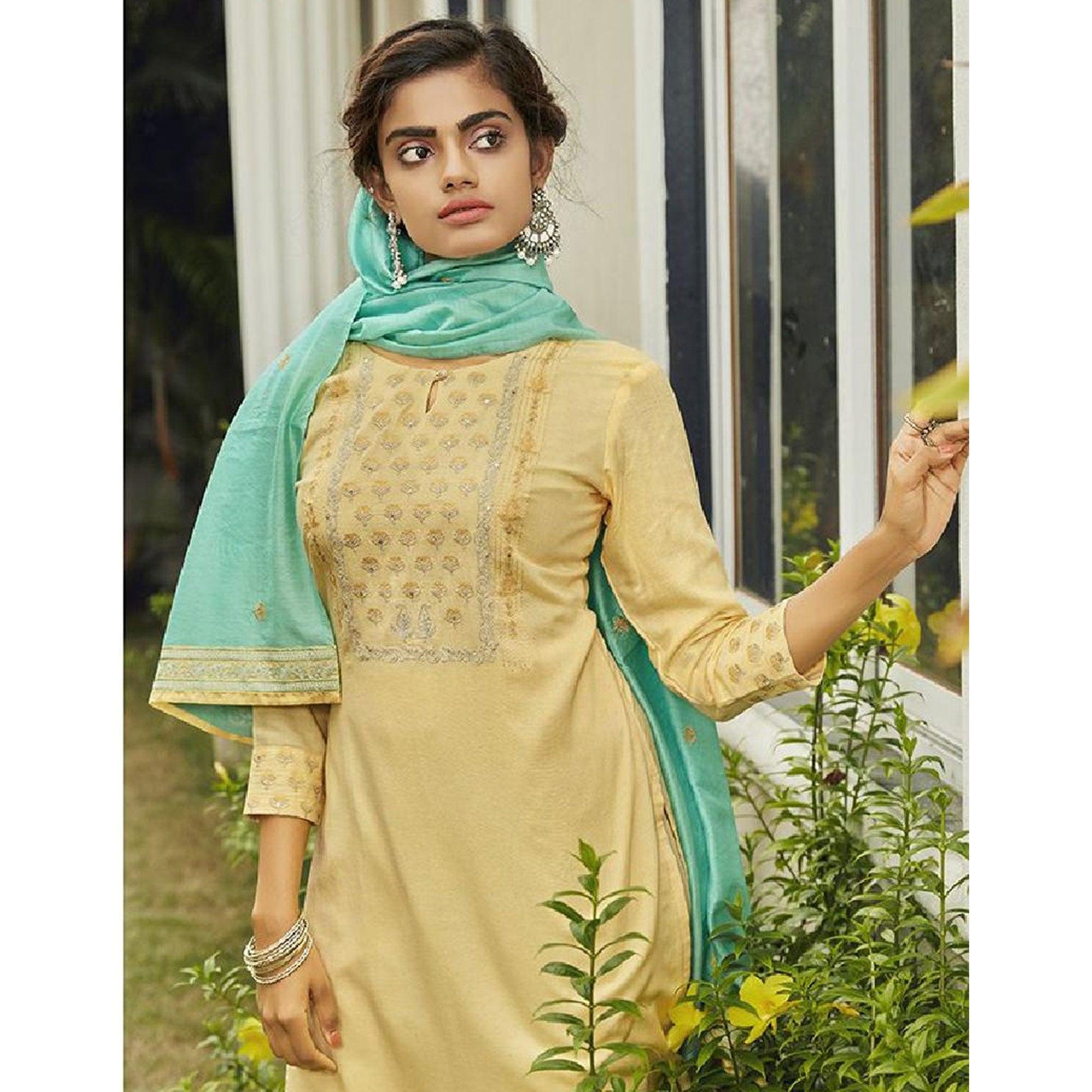 Lovely Light Yellow Colored Partywear Embroidered Rayon Kurti - Pant Set With Dupatta