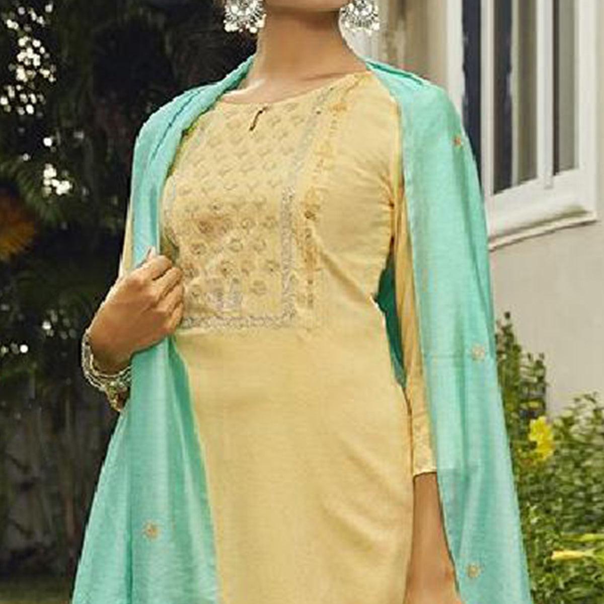 Lovely Light Yellow Colored Partywear Embroidered Rayon Kurti - Pant Set With Dupatta