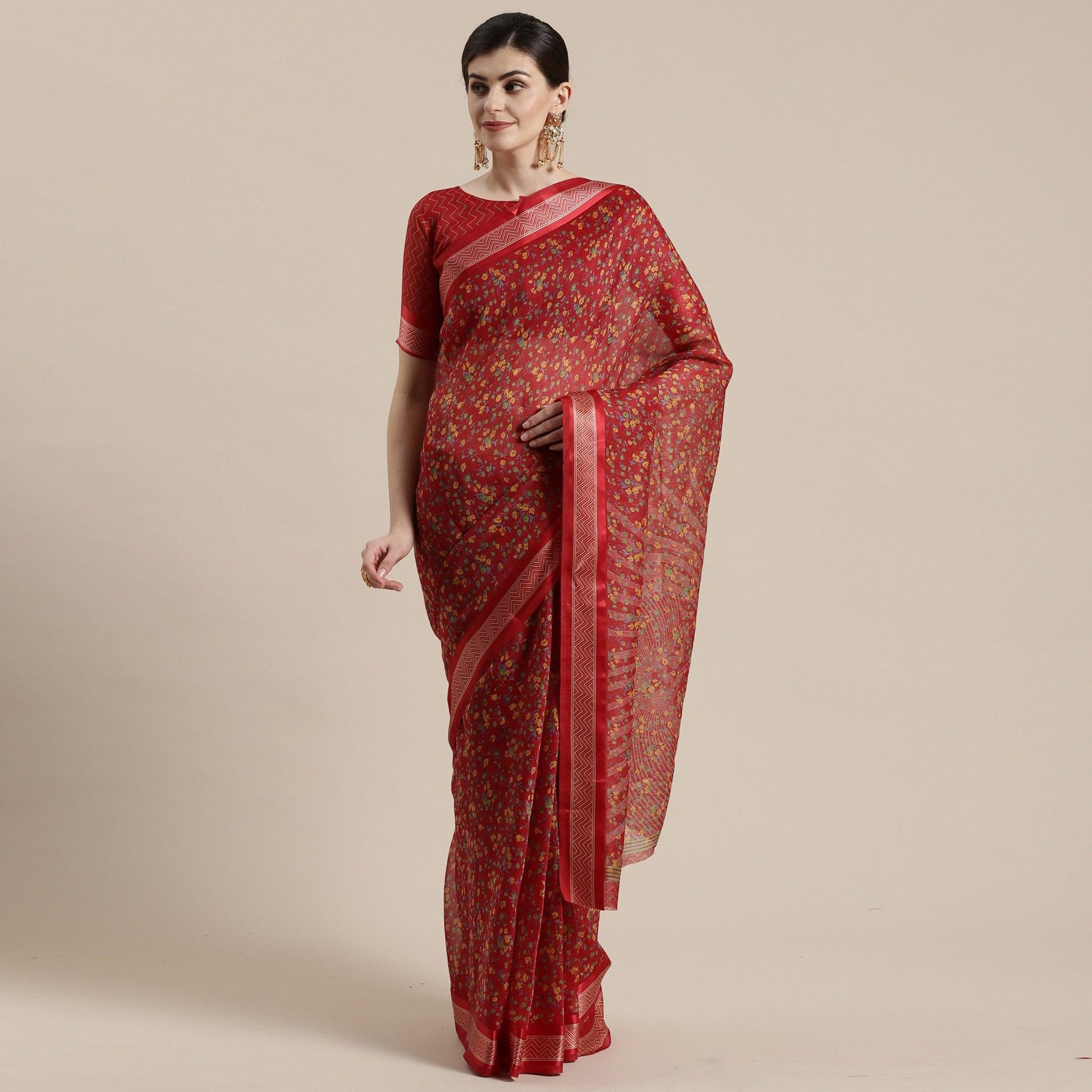 Lovely Maroon Colored Casual Wear Floral Printed Cotton Silk Saree