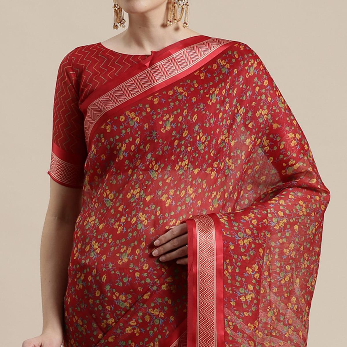 Lovely Maroon Colored Casual Wear Floral Printed Cotton Silk Saree