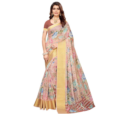 Lovely Mauve Festive Wear Floral Printed Semi Linen Jari Border Printed Saree