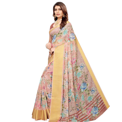 Lovely Mauve Festive Wear Floral Printed Semi Linen Jari Border Printed Saree