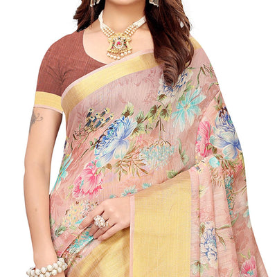 Lovely Mauve Festive Wear Floral Printed Semi Linen Jari Border Printed Saree