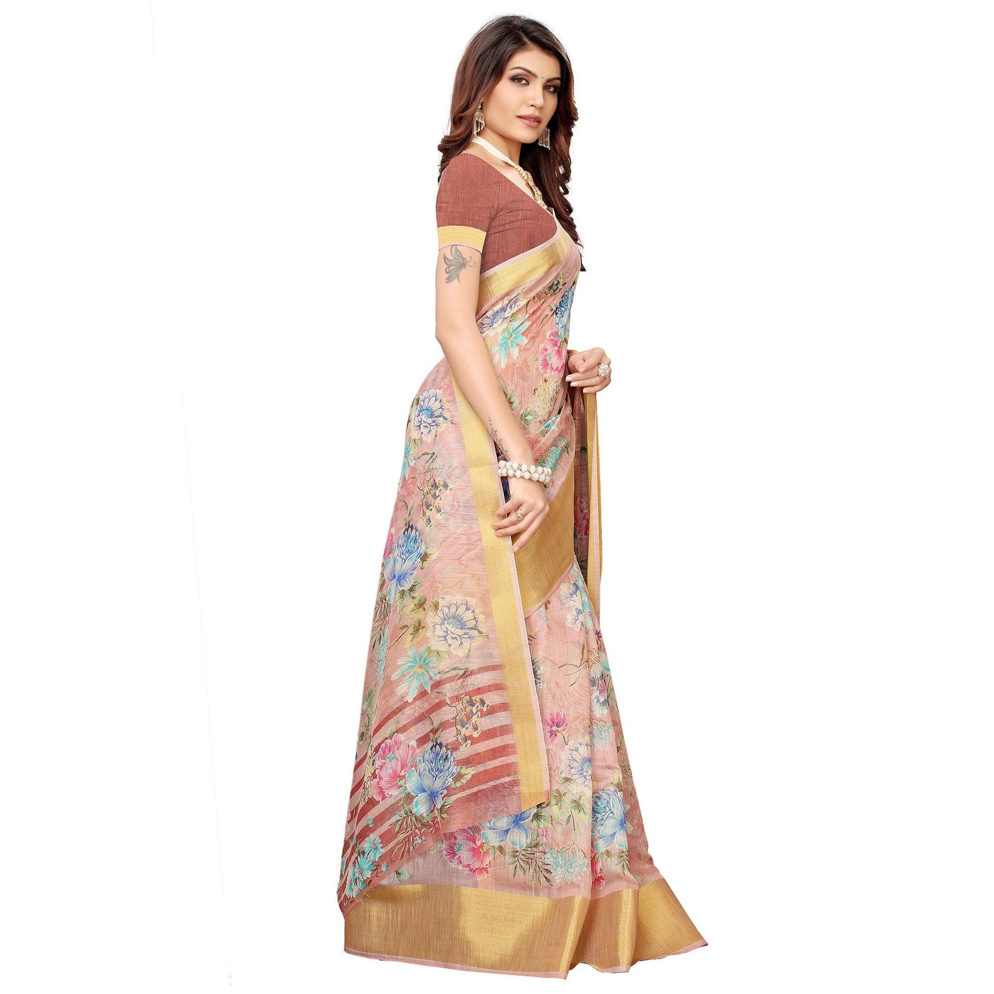 Lovely Mauve Festive Wear Floral Printed Semi Linen Jari Border Printed Saree