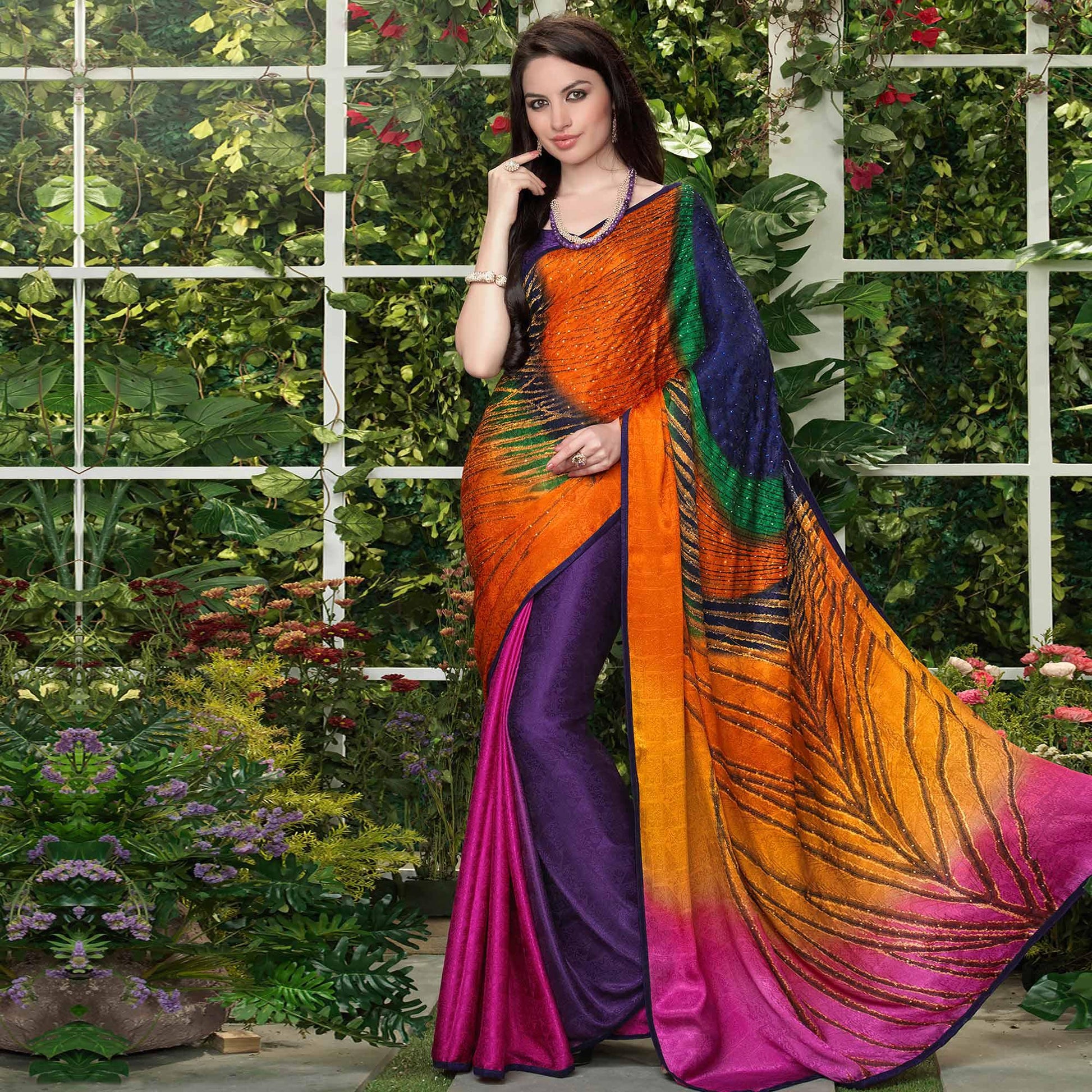 Lovely Multi Colored Party Wear Printed Silk Crepe Saree