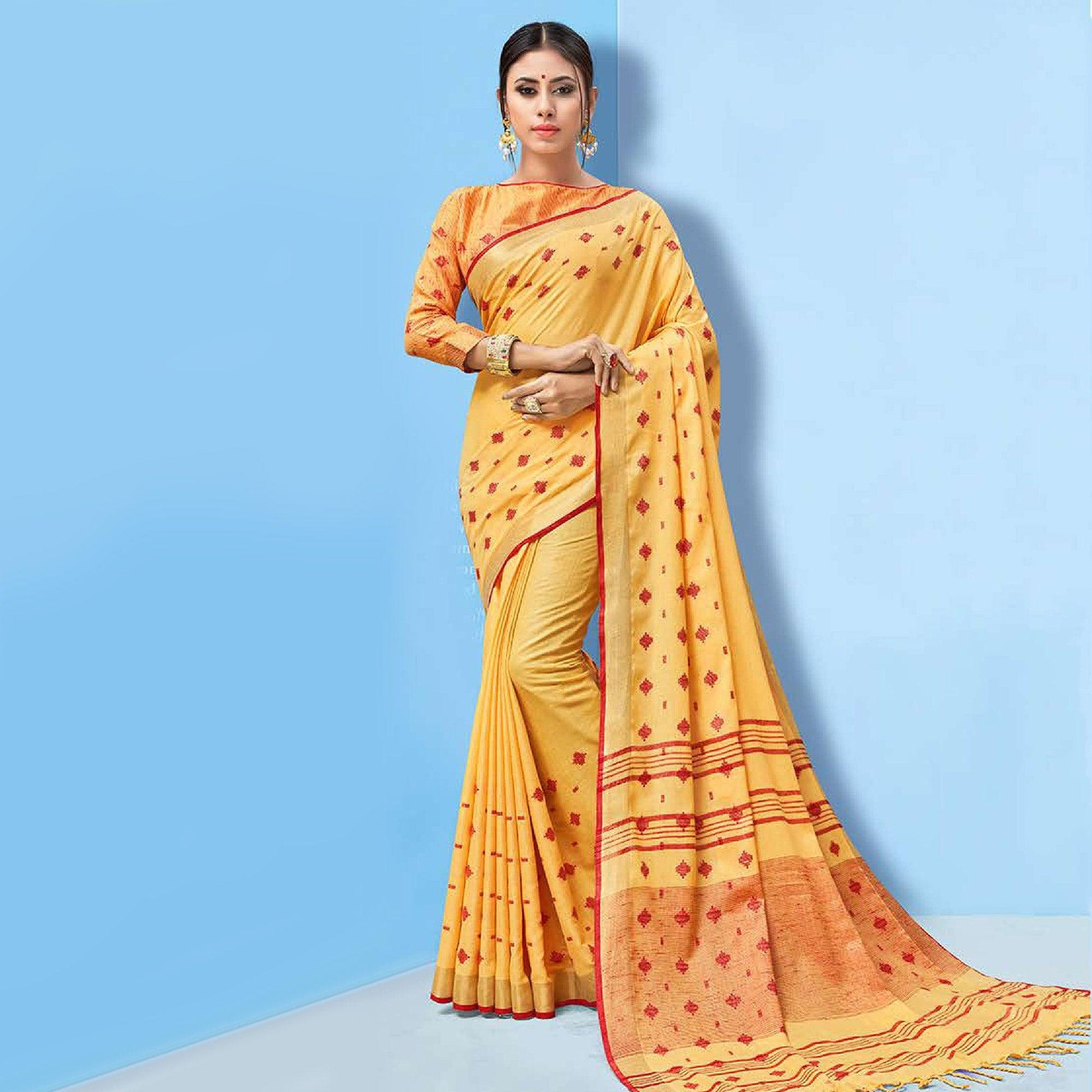 Lovely Mustard Yellow Colored Partywear Printed Linen Cotton Saree