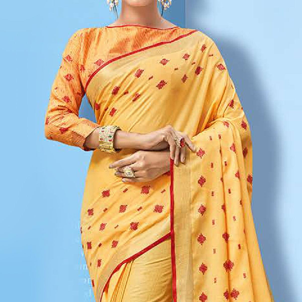 Lovely Mustard Yellow Colored Partywear Printed Linen Cotton Saree