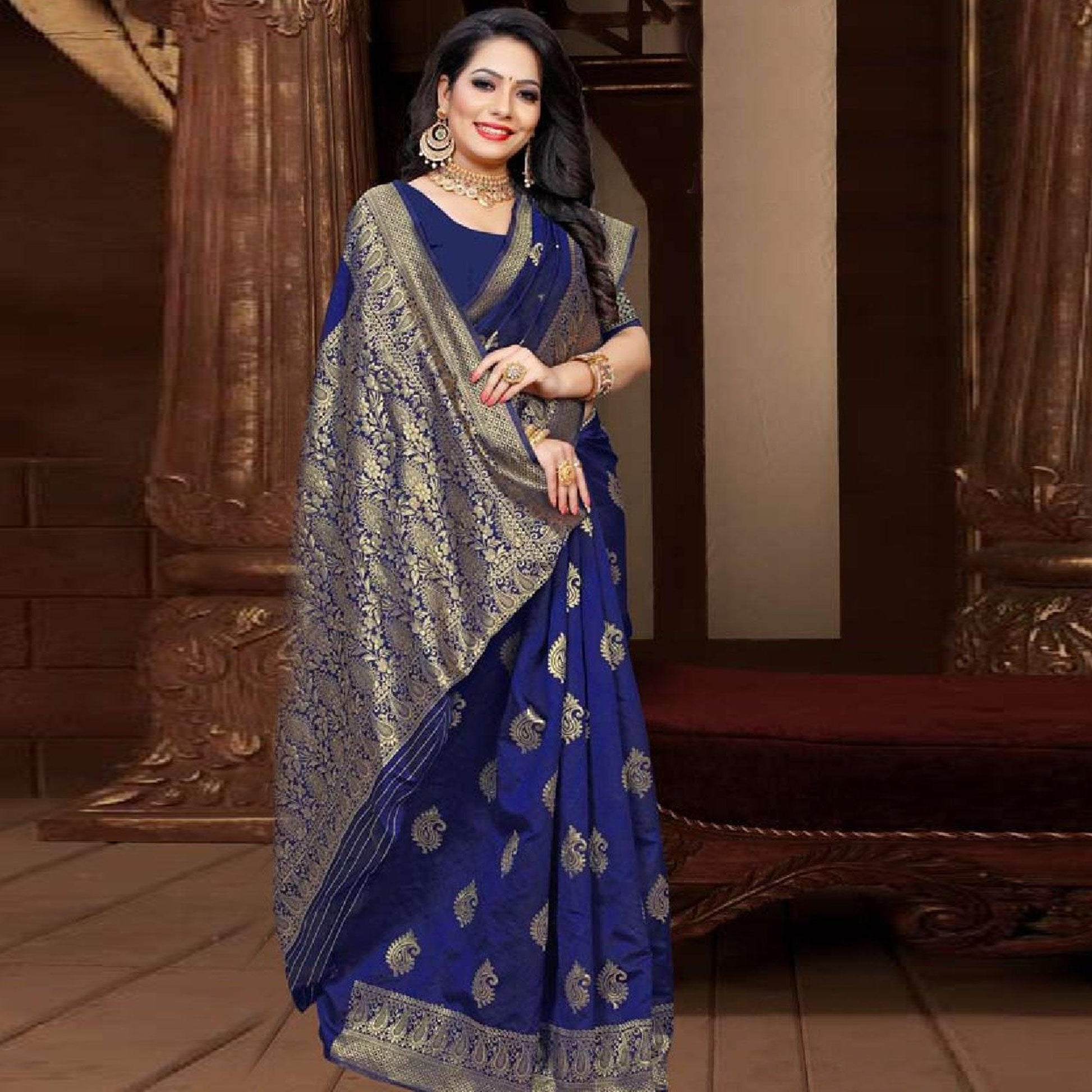 Lovely Navy Blue Colored Festive Wear Woven Art Silk Saree