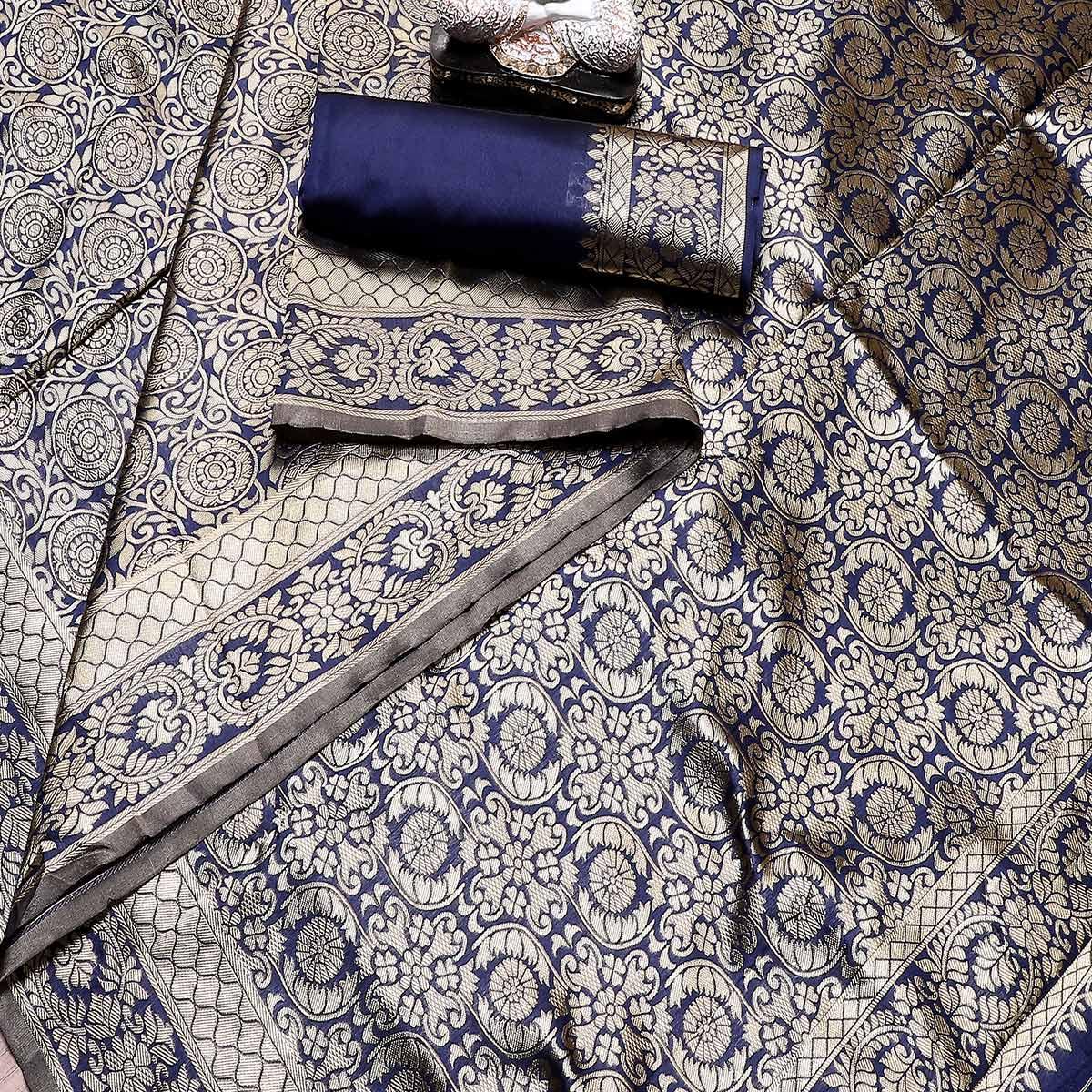 Lovely Navy Blue Colored Festive Wear Woven Banarasi Silk Saree