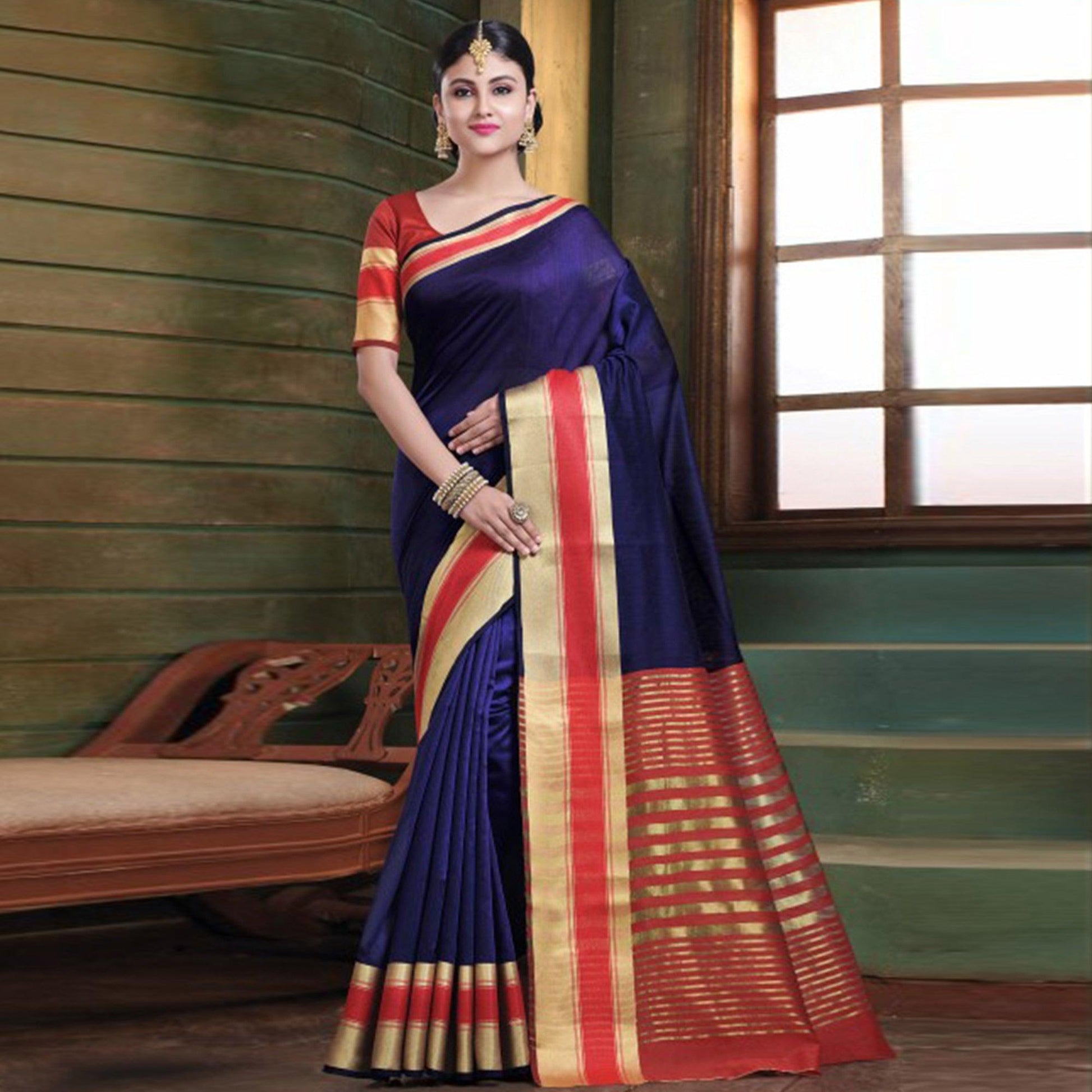 Lovely Navy Blue Colored Festive Wear Woven Cotton Handloom Saree