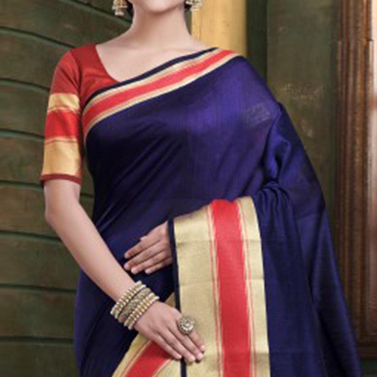 Lovely Navy Blue Colored Festive Wear Woven Cotton Handloom Saree