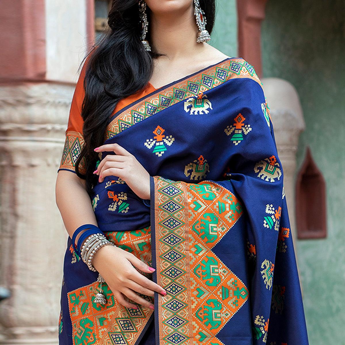 Lovely Navy Blue Colored Festive Wear Woven Patola Silk Saree
