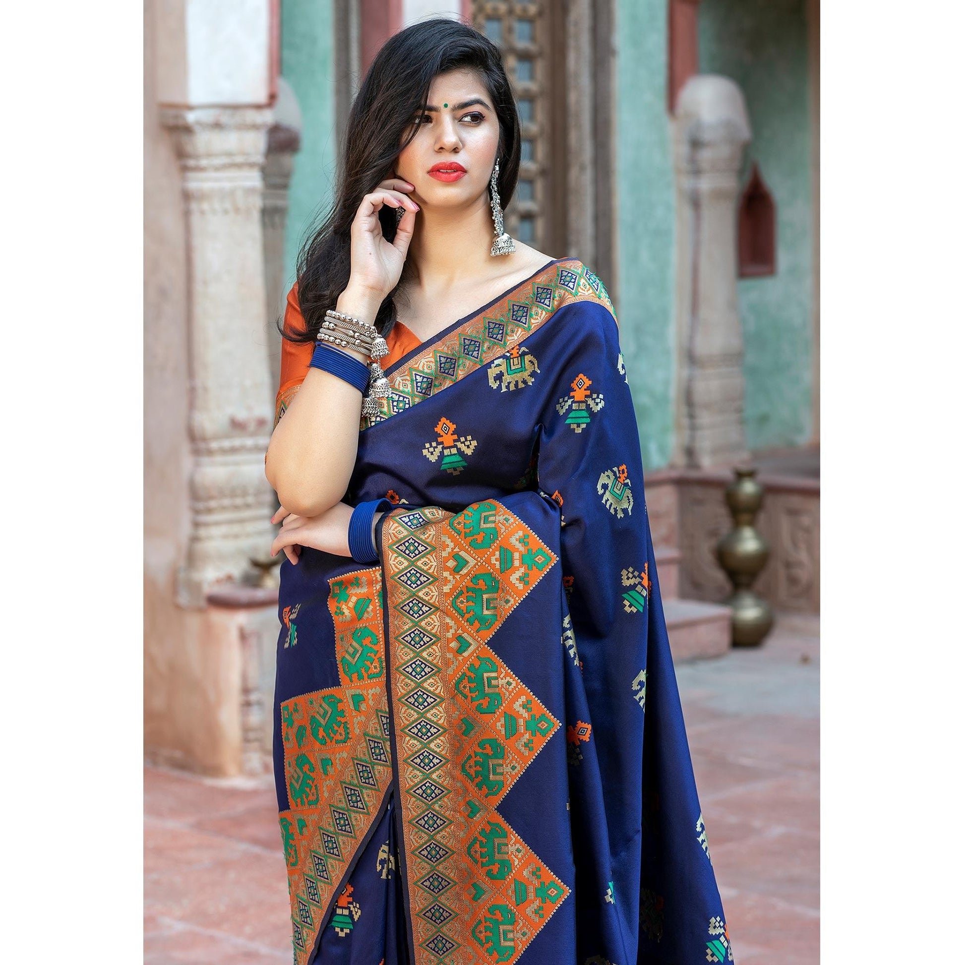 Lovely Navy Blue Colored Festive Wear Woven Patola Silk Saree