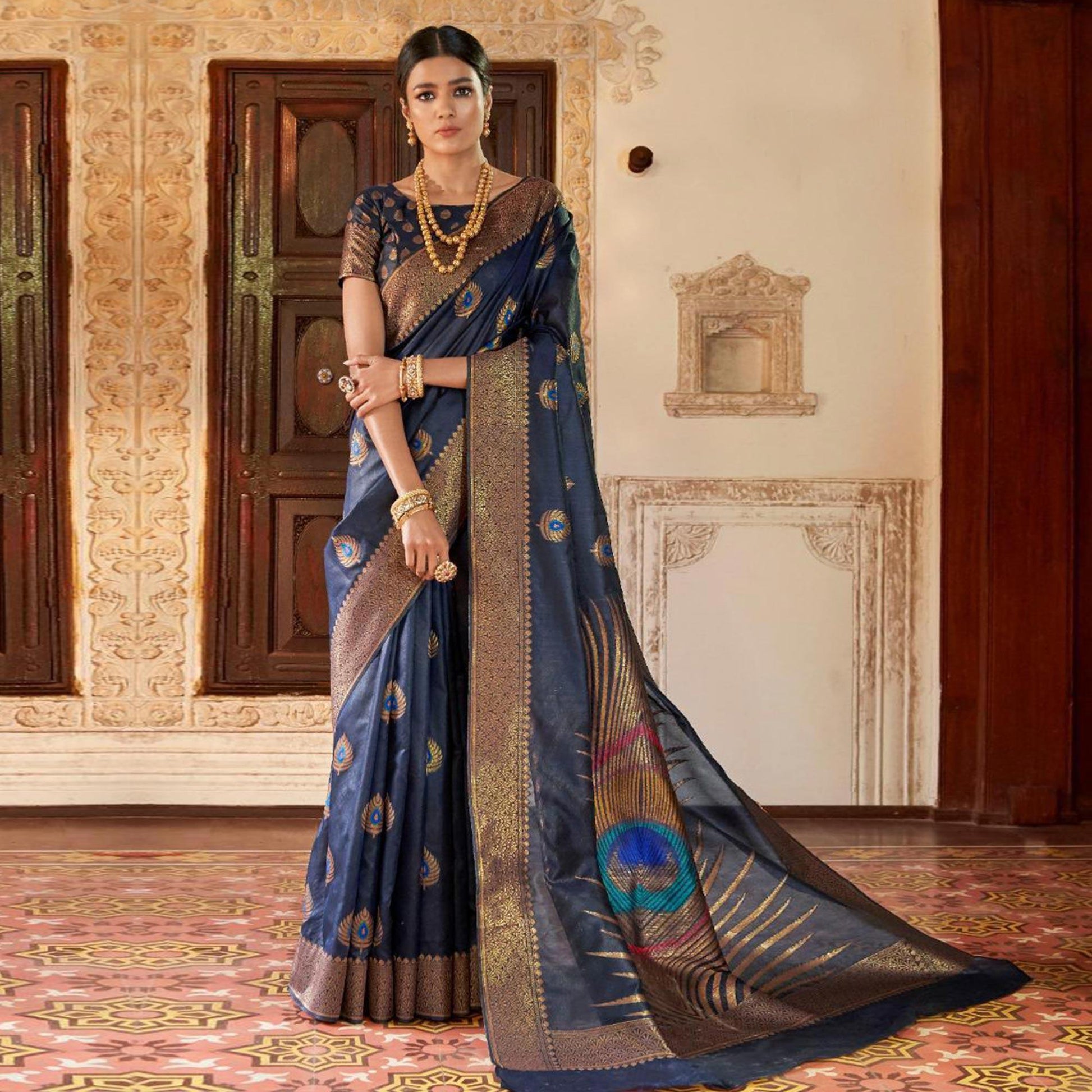 Lovely Navy Blue Colored Festive Wear Woven Silk Saree