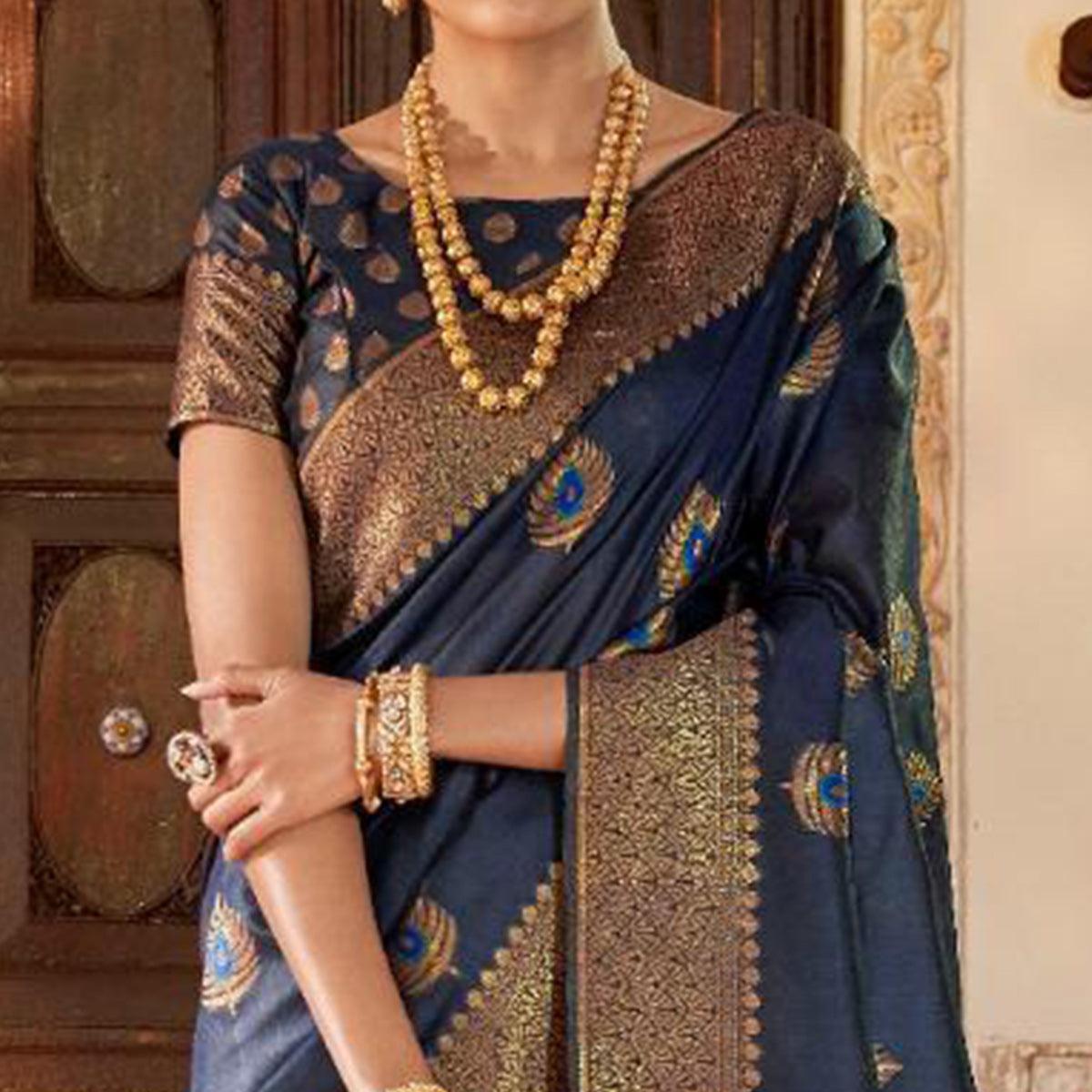 Lovely Navy Blue Colored Festive Wear Woven Silk Saree